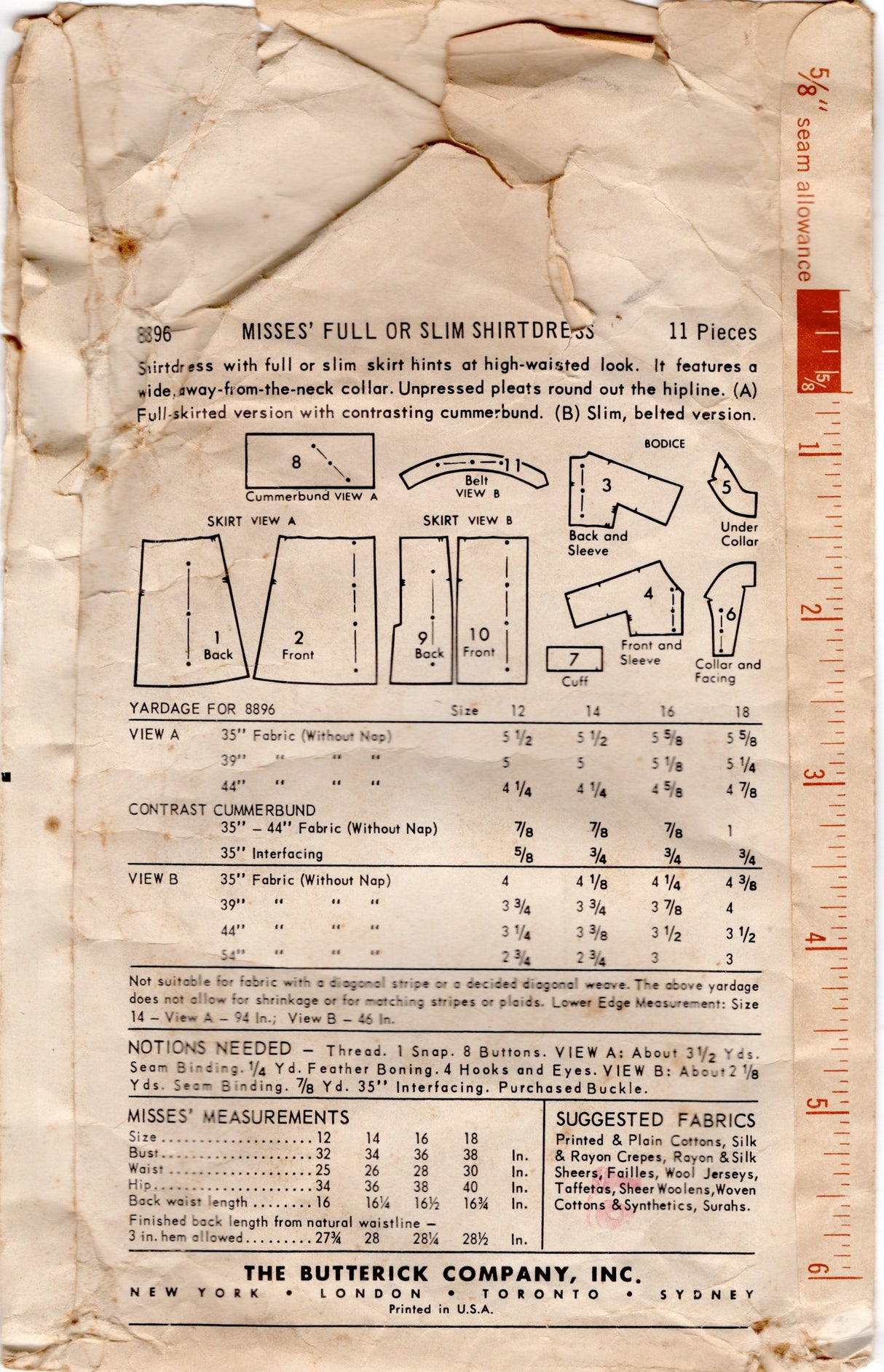 1950's Butterick Shirtwaist Button Front Dress Pattern with Two Skirt styles - Bust 38" - No. 8896