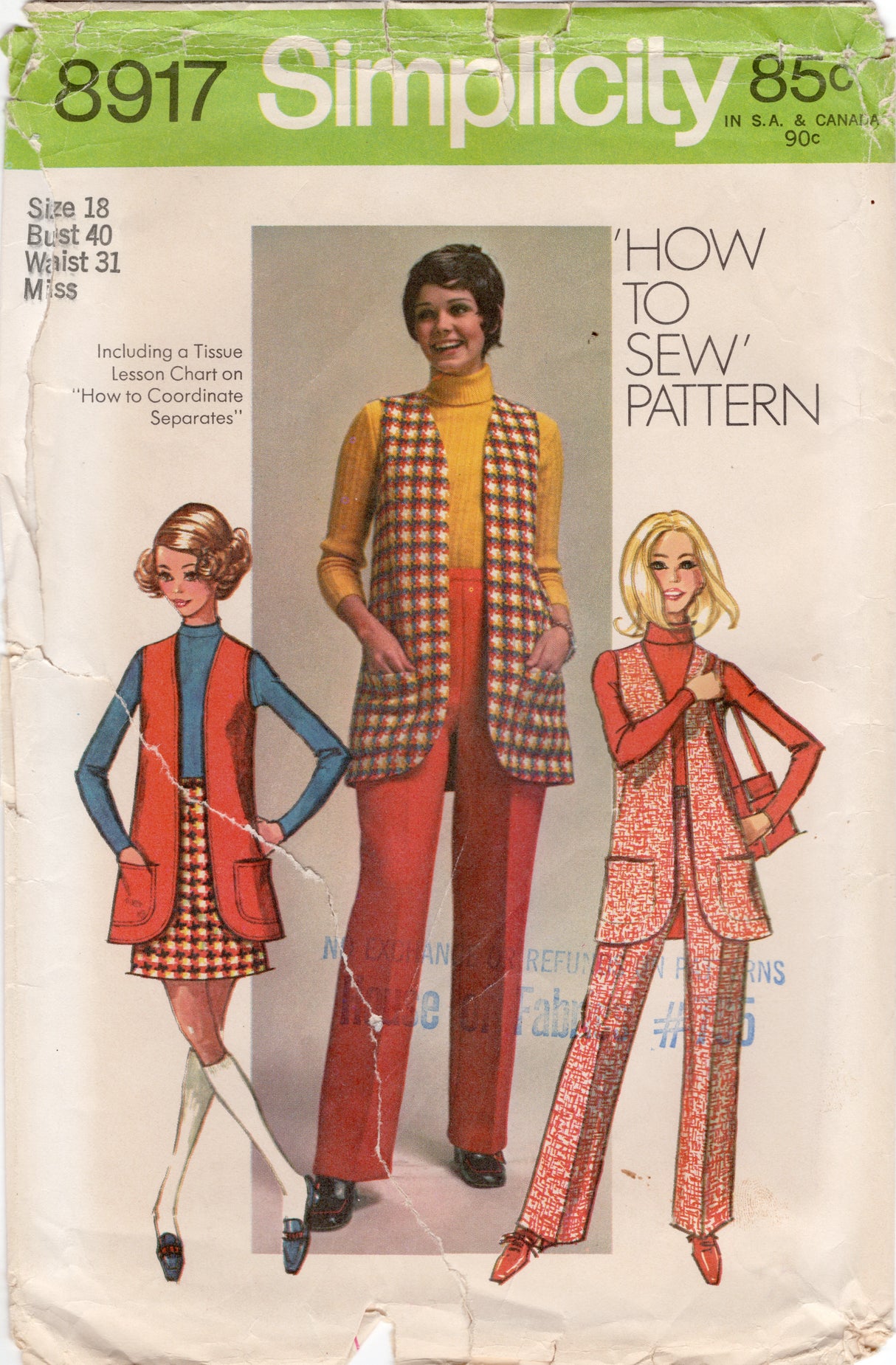 1970's Simplicity Vest, Mini Skirt, Pants Pattern - Bust 40" - No. 8917