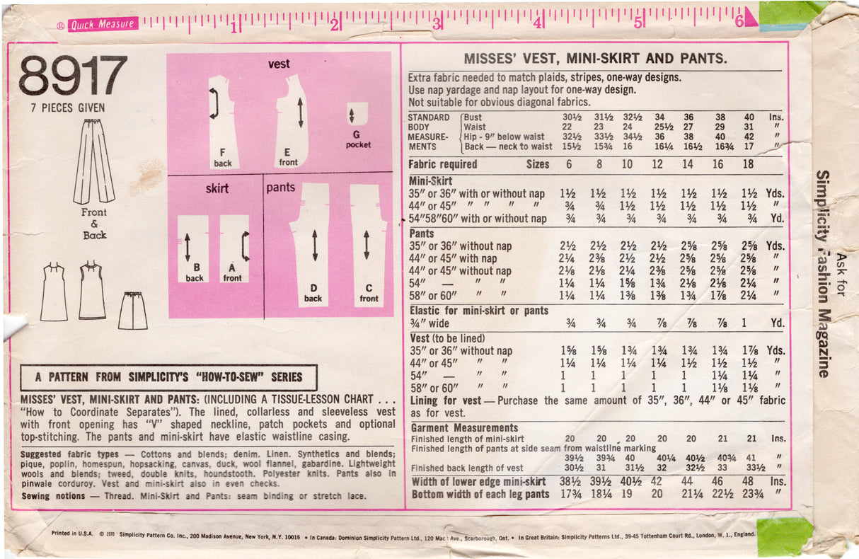 1970's Simplicity Vest, Mini Skirt, Pants Pattern - Bust 40" - No. 8917