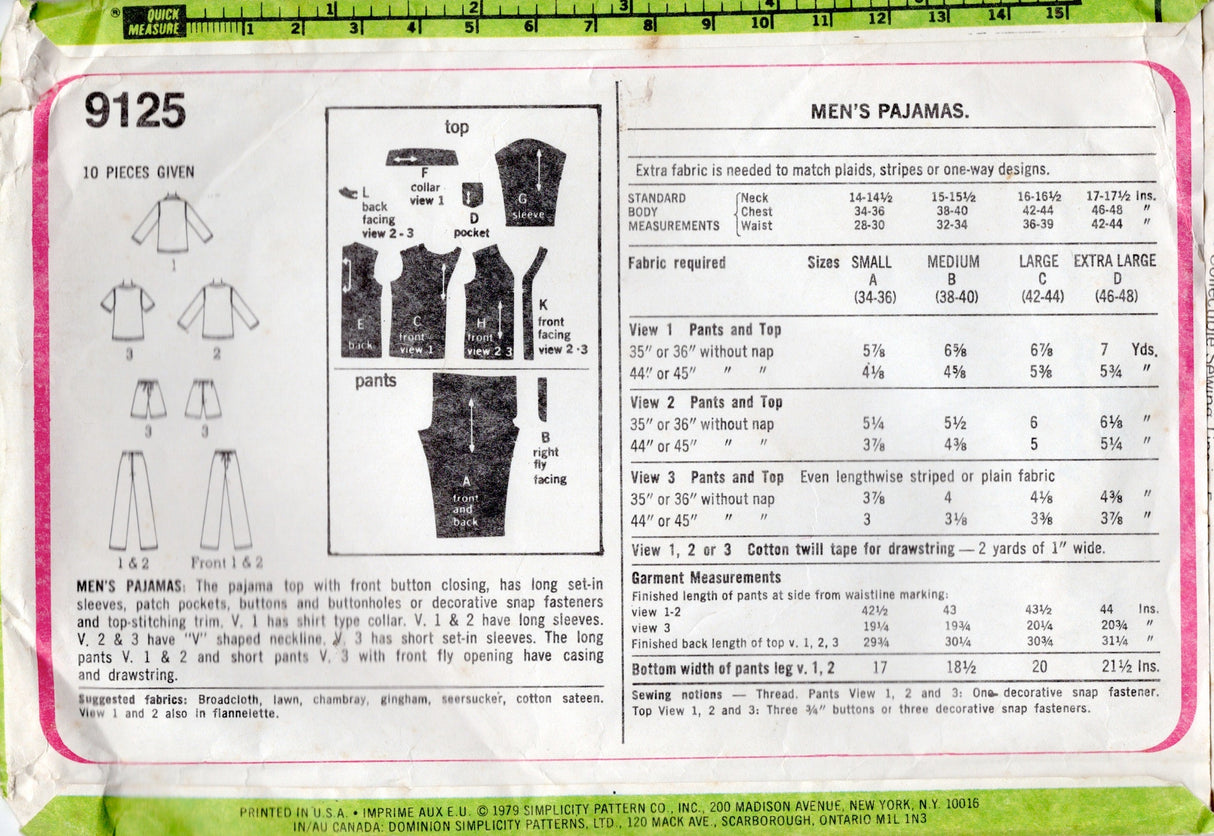 1970's Simplicity Men's Pajamas Pattern - Chest 34-36" - No. 9125