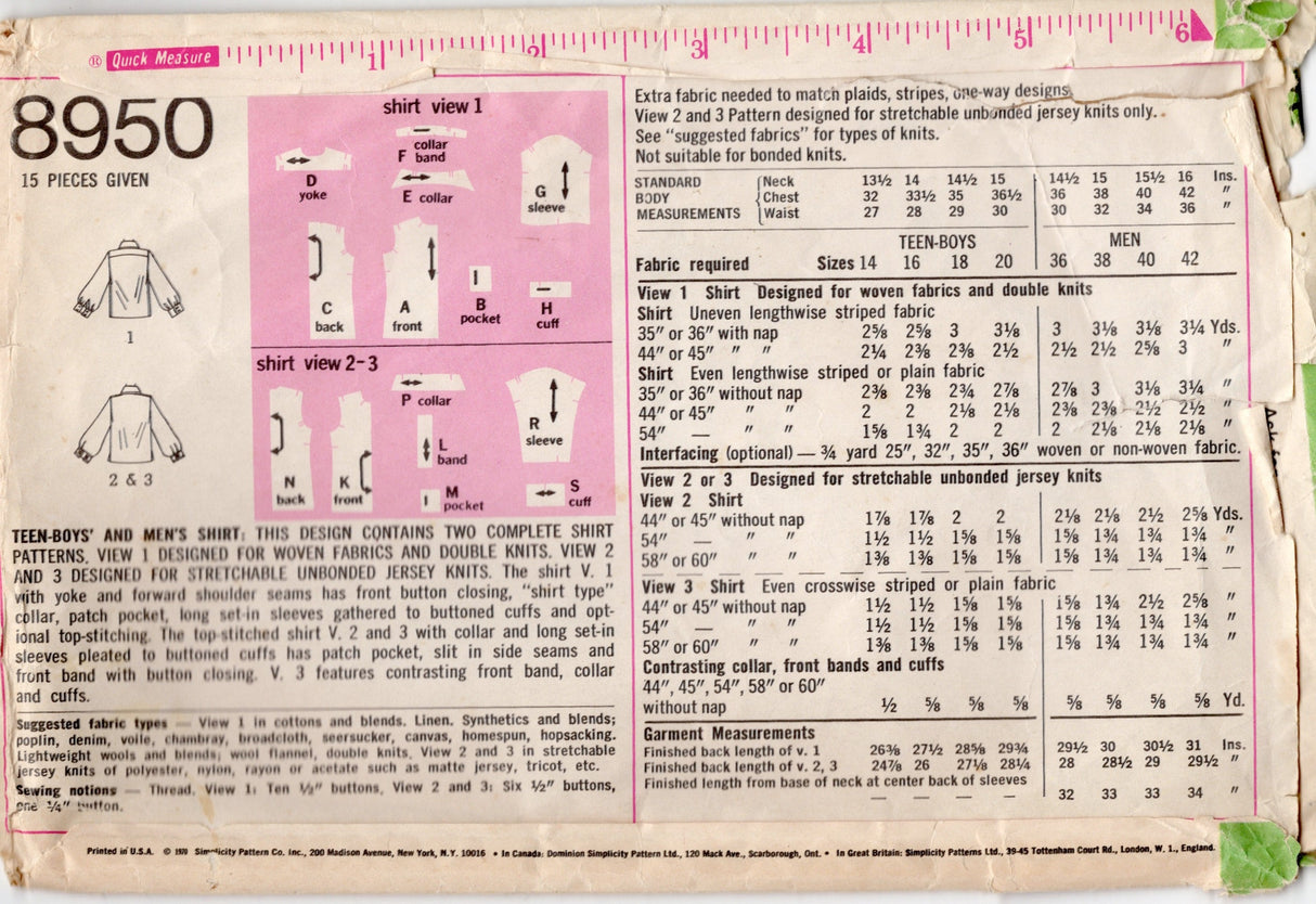 1970's Simplicity Men's Button Up or Pullover Shirt - Chest 38" - No. 8950