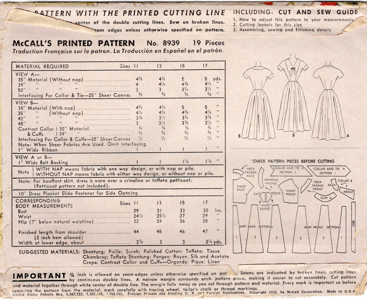 1950's McCall's Fit and Flare Dress Pattern with Tie Collar - Bust 35" - No. 8939
