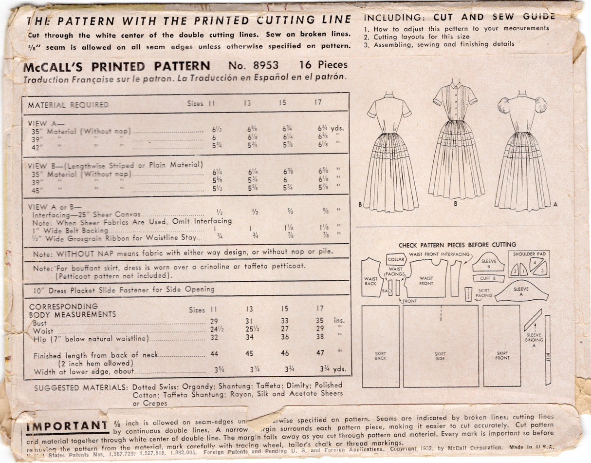 1950's McCall's Pin Tucked Dress pattern - Bust 35" - No. 8953