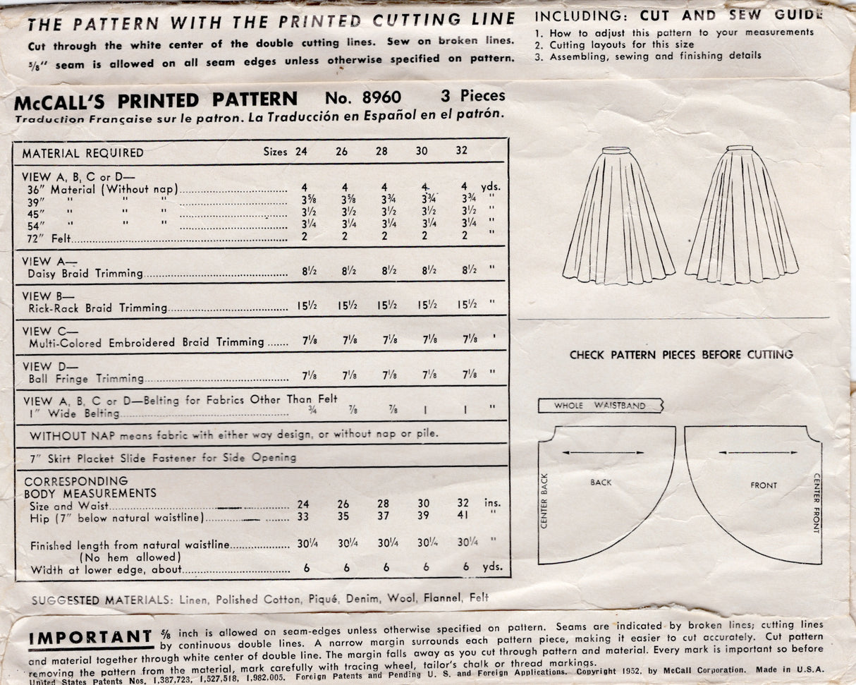 1950's McCall's Circle Skirt Pattern - Waist 30" - No. 8960