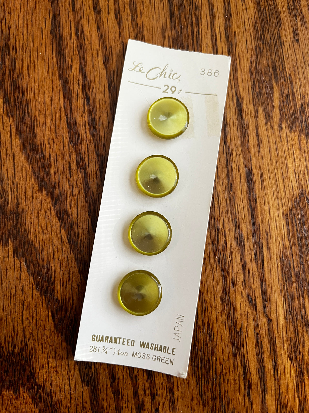 1980’s Le Chic Moss Green Pearlescent Plastic Flat Top Shank Buttons - Set of 4 - 3/4" - on card