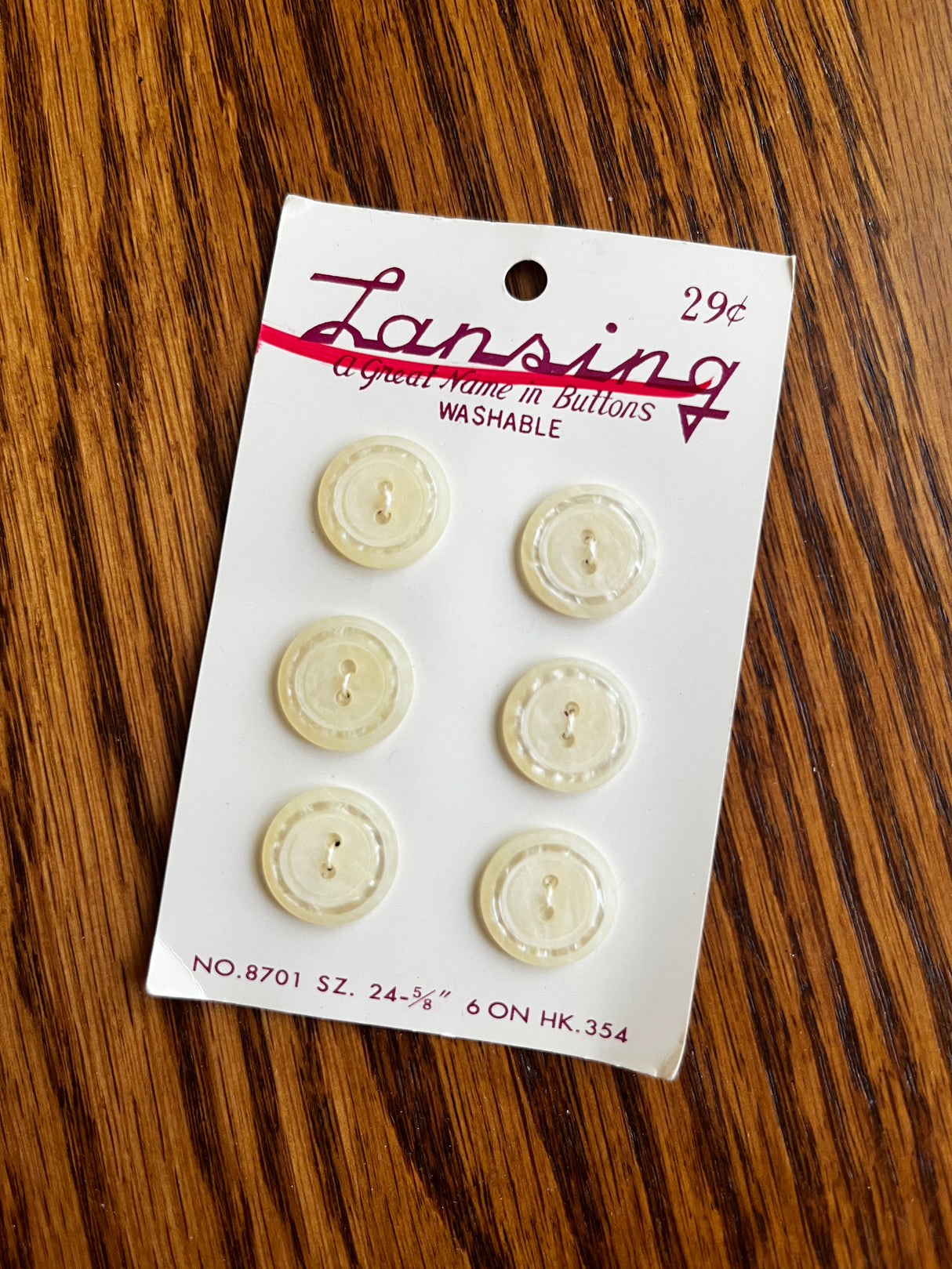 1970’s Lansing Cream Matte Plastic Buttons - Set of 6 - 5/8” - on card