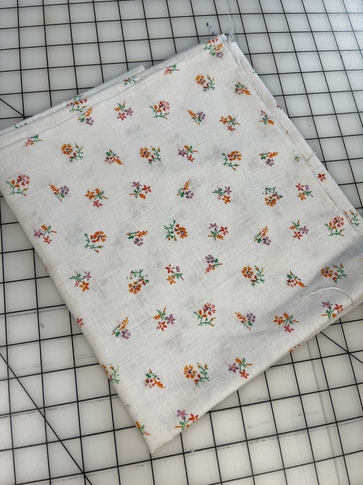1980’s White with Tiny Purple and Orange Florals Cotton Fabric - (P205)