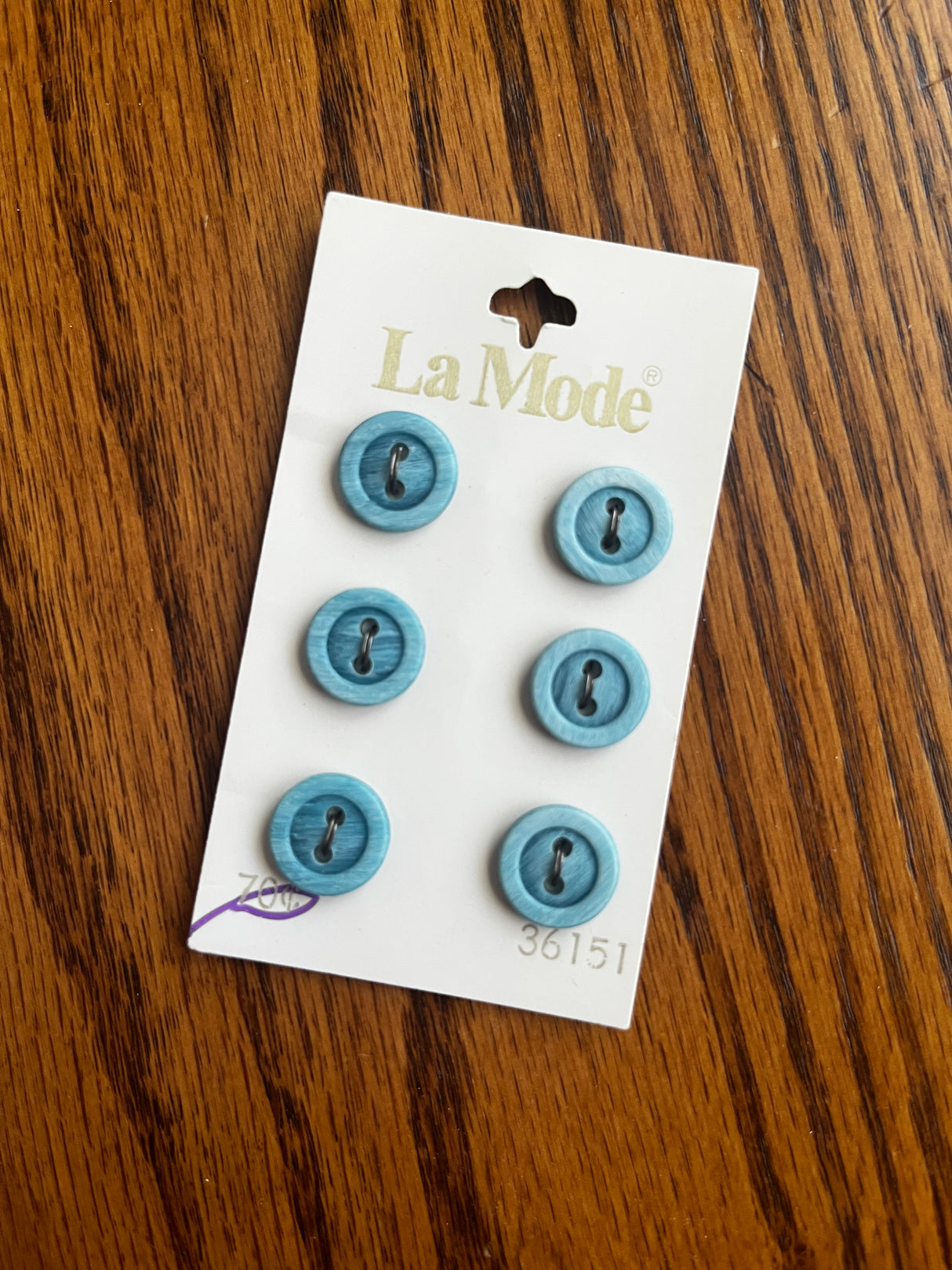 1980’s La Mode Aqua Blue Plastic Button - Set of 6 - 1/2” - on card
