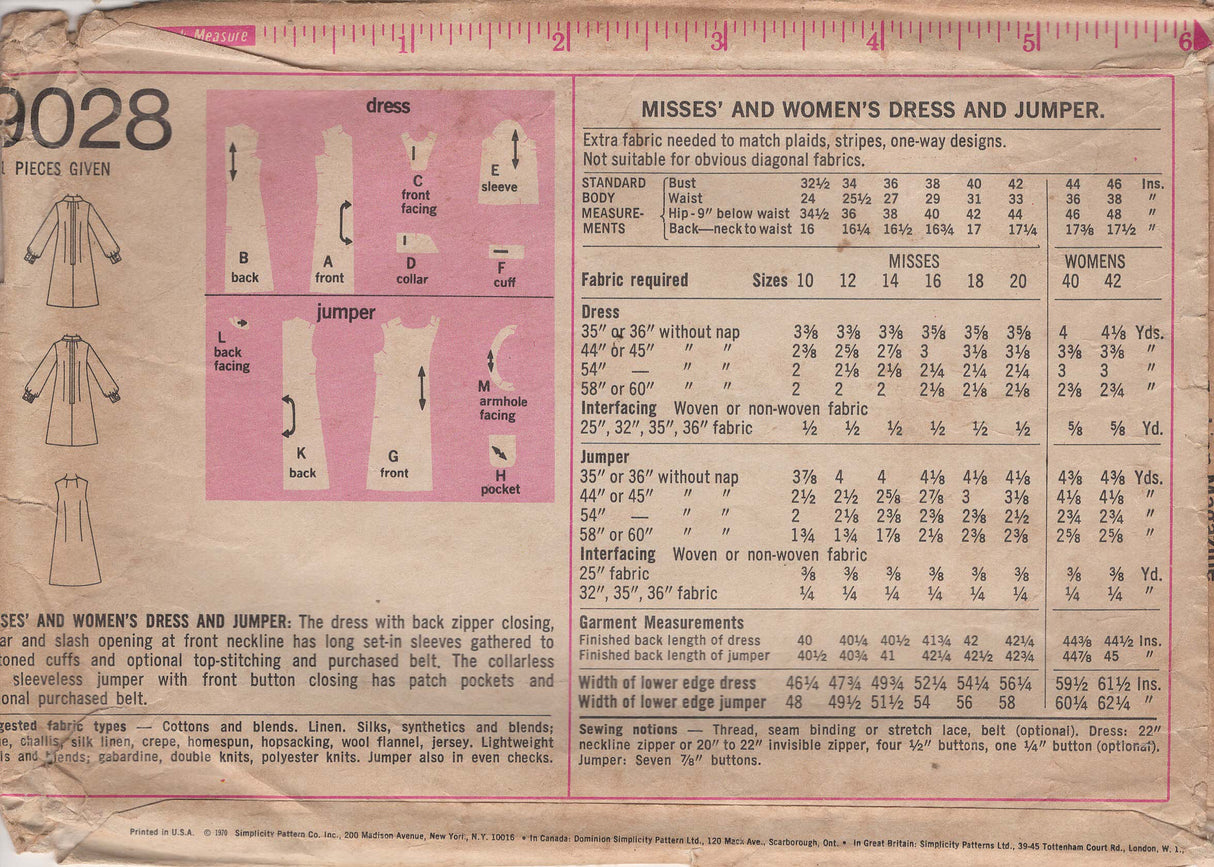 1970's Simplicity Dress and Jumper Pattern- Bust 42" - No. 9028