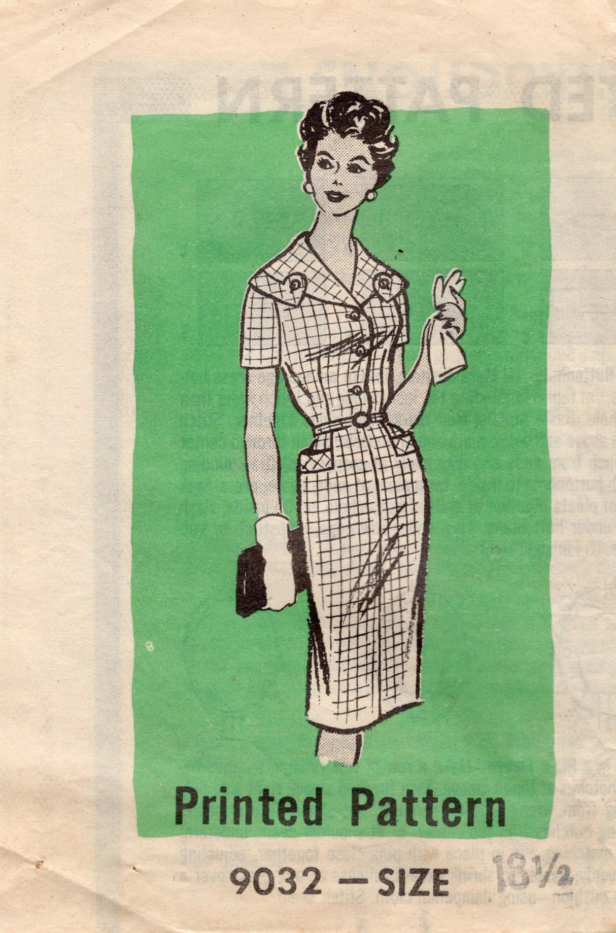 1960's Mail Order Shirtwaist Sheath Dress pattern with Large Collar - Bust 39" - No. 9032