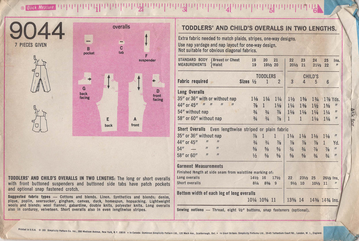 1970's Simplicity Child's Overalls or Romper Pattern – Chest 22" - No. 9044