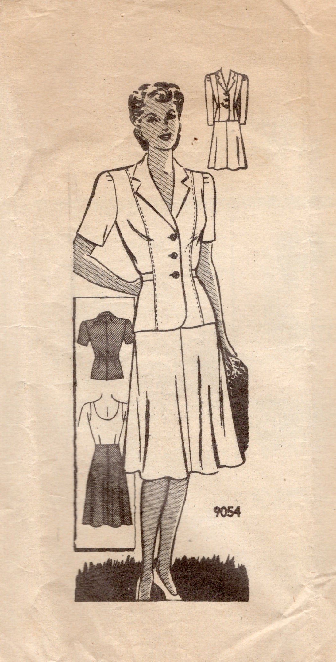 1940's Marian Martin Two Piece Suit with Dress-like Skirt - Bust 46" - No. 9054
