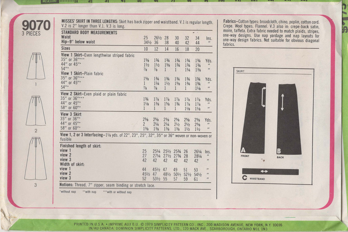 1970's Simplicity Midi or Maxi Skirt Pattern - Waist 28" - No. 9070