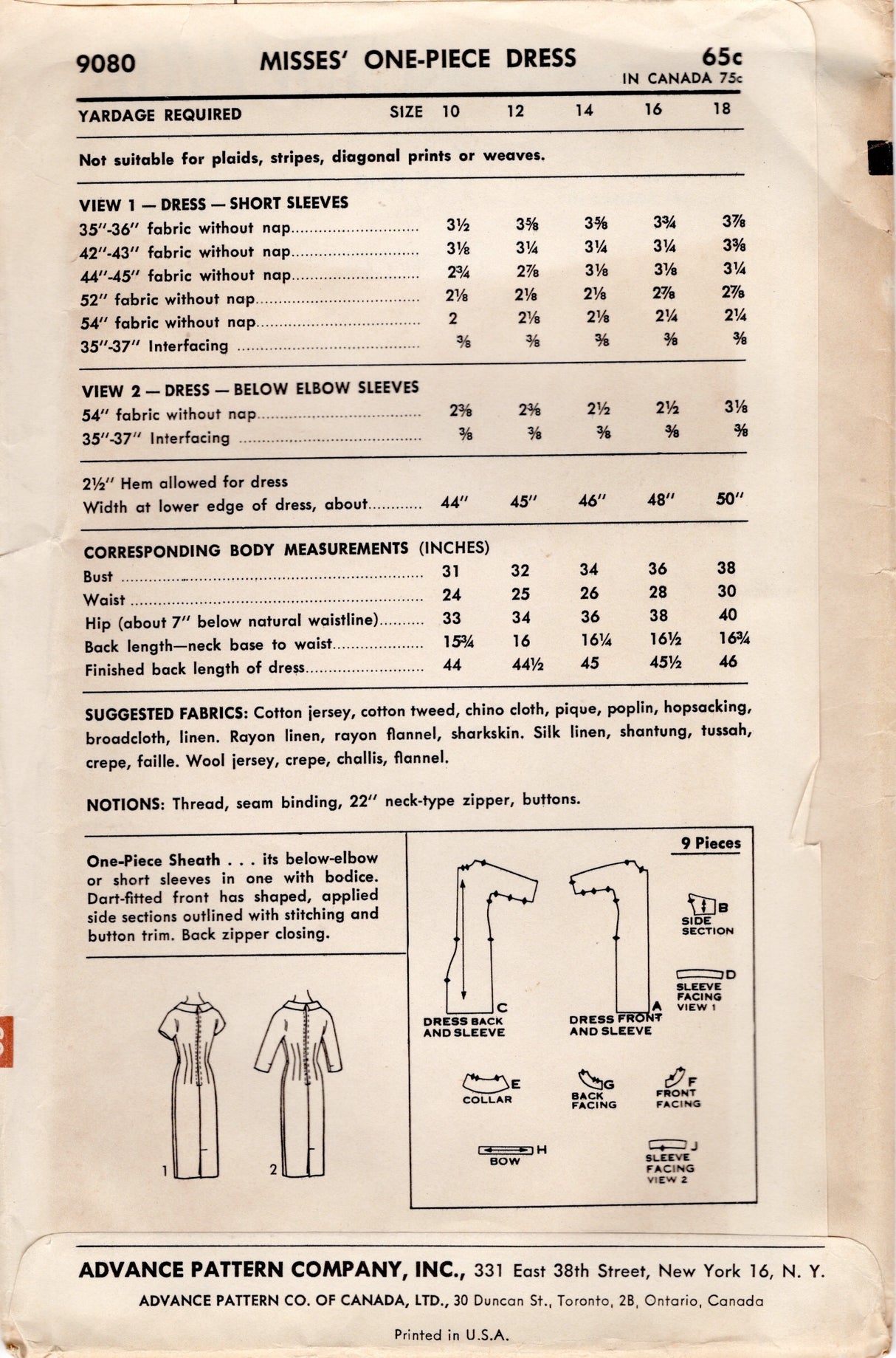 1950's Advance Sheath Dress Pattern with Waist Accents - Bust 34" - No. 9080