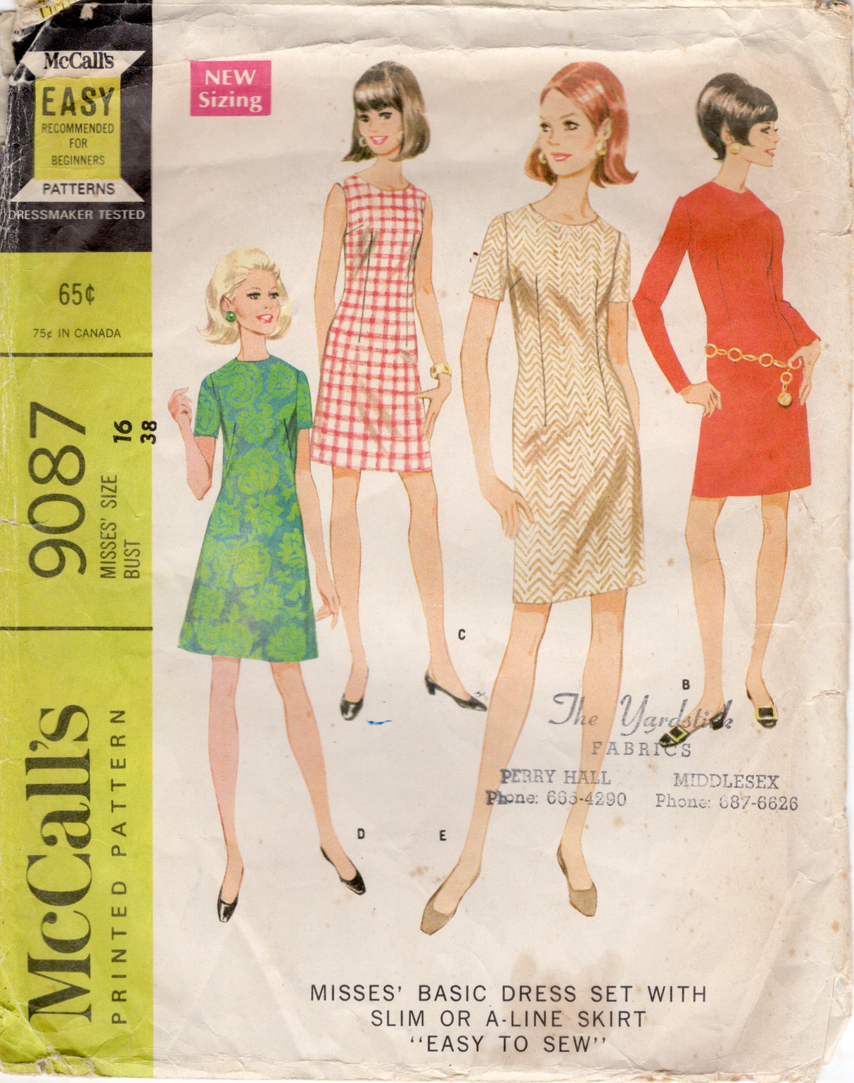 1960's McCall's Sheath or A-line Dress Pattern - Bust 38" - No. 9087