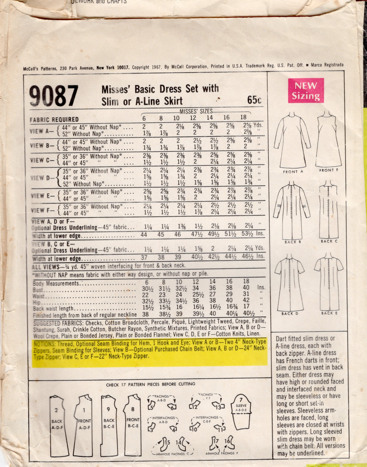 1960's McCall's Sheath or A-line Dress Pattern - Bust 38" - No. 9087