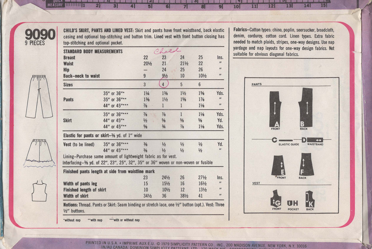 1970's Simplicity Child’s Vest, Skirt and Pants Pattern– Chest 23"- No. 9090