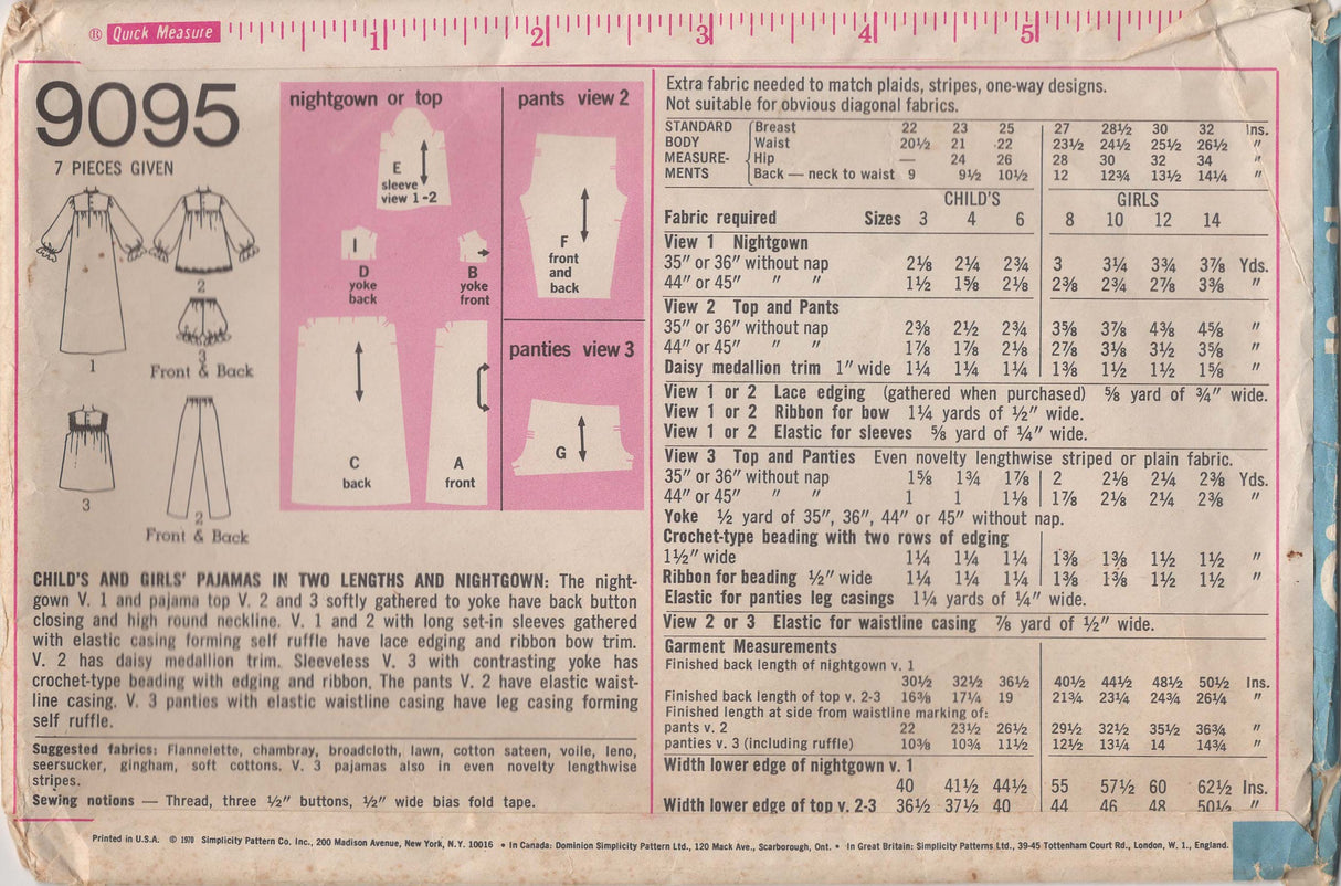 1970's Simplicity Child’s Nightgown or Two Piece Pajama Pattern - Chest 25"- No. 9095