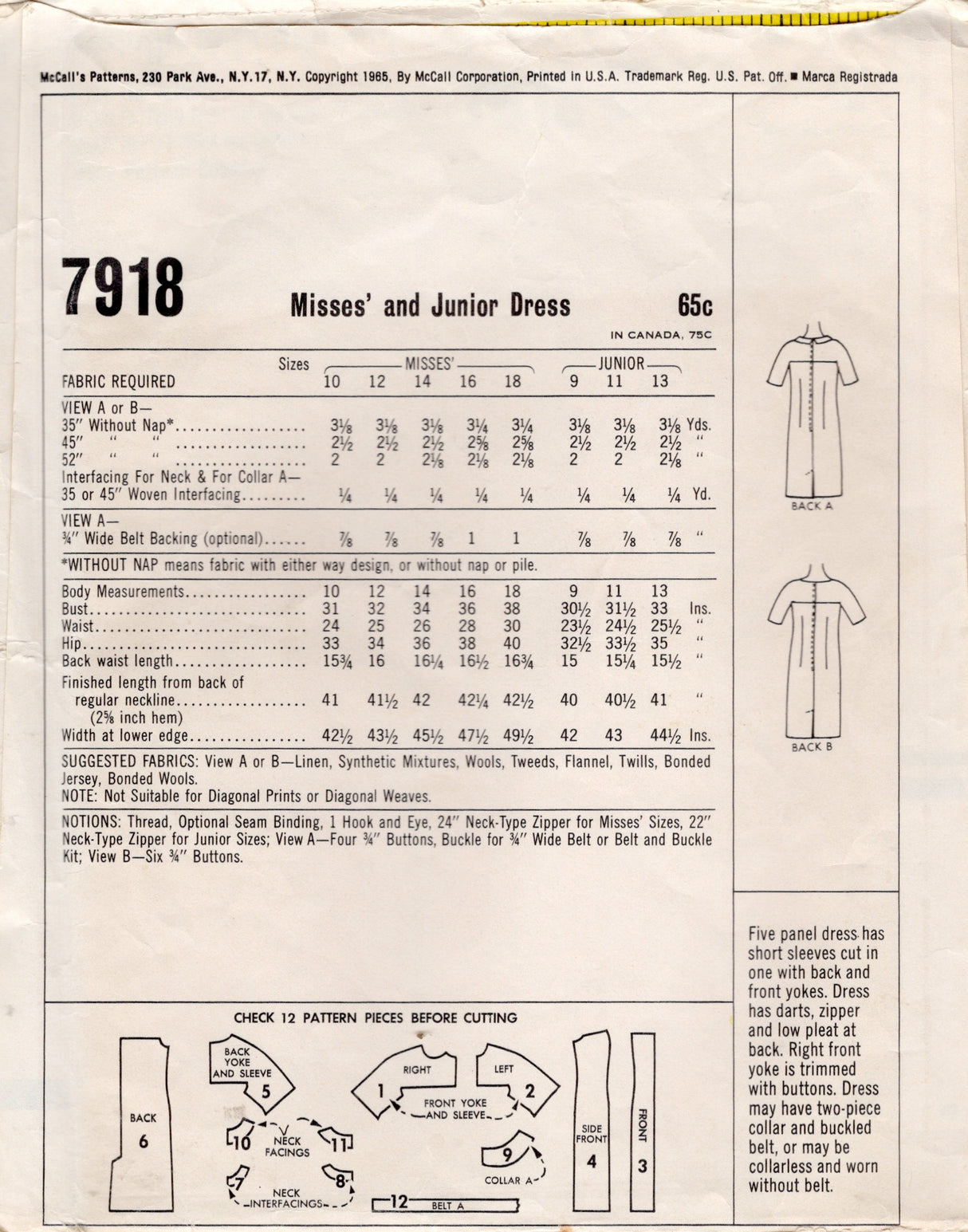 1960's McCall's Yoked One-Piece Shift Dress Pattern - Bust 34" - No. 7918