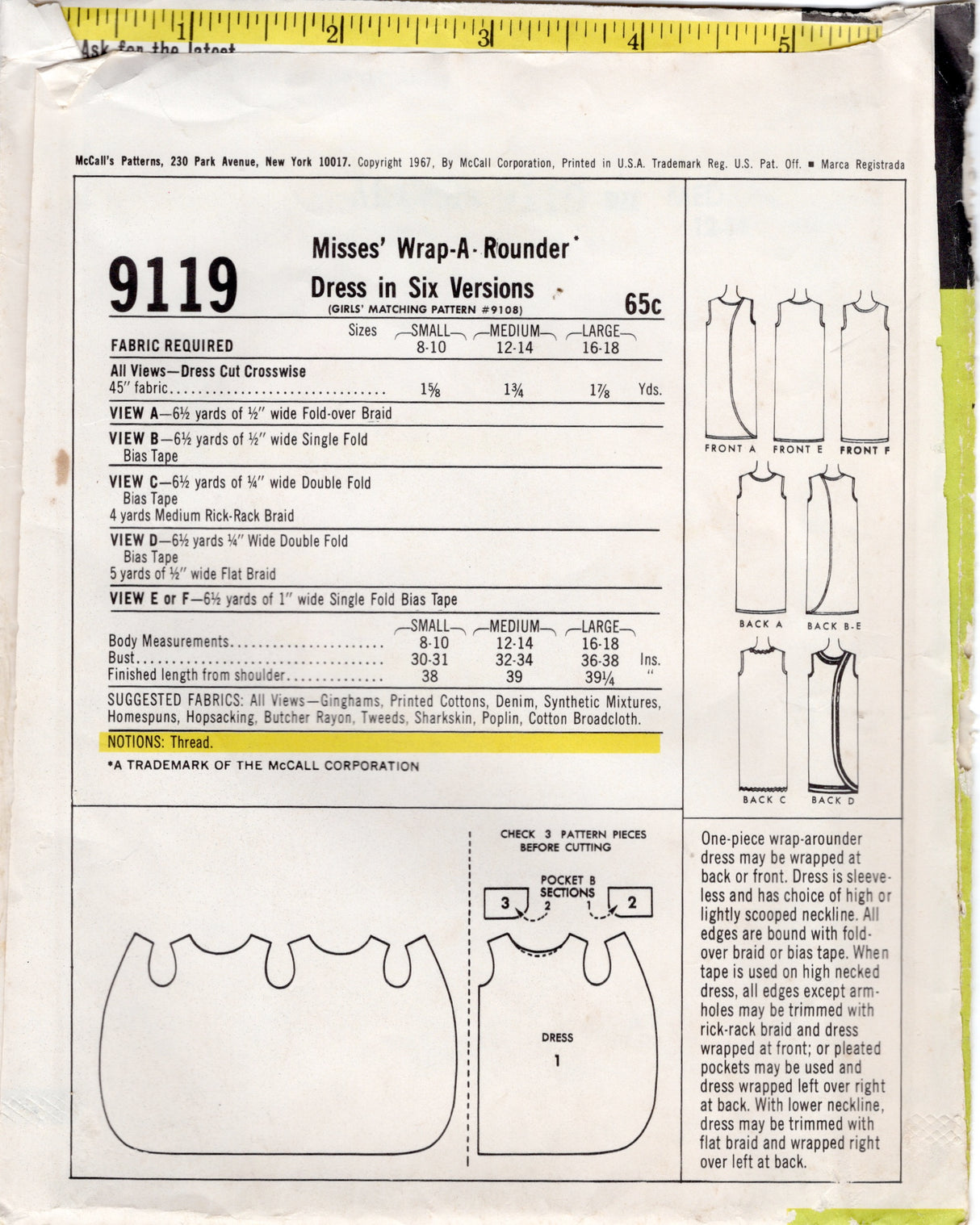 1960's McCall's Wrap-A-Rounder Dress Pattern - Bust 32-34" - No. 9119