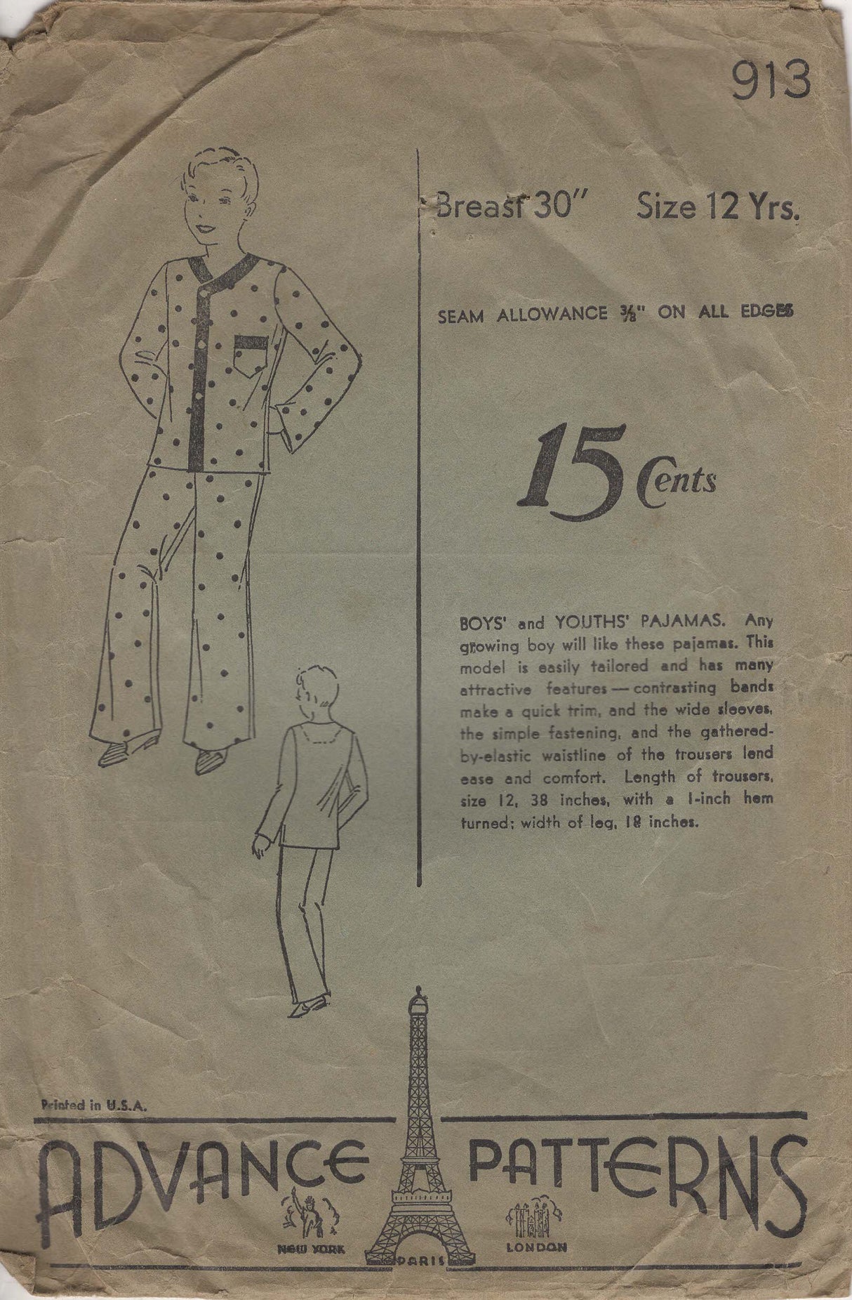 1930's Advance Child's Pajama Pattern - Chest 30" - No.913