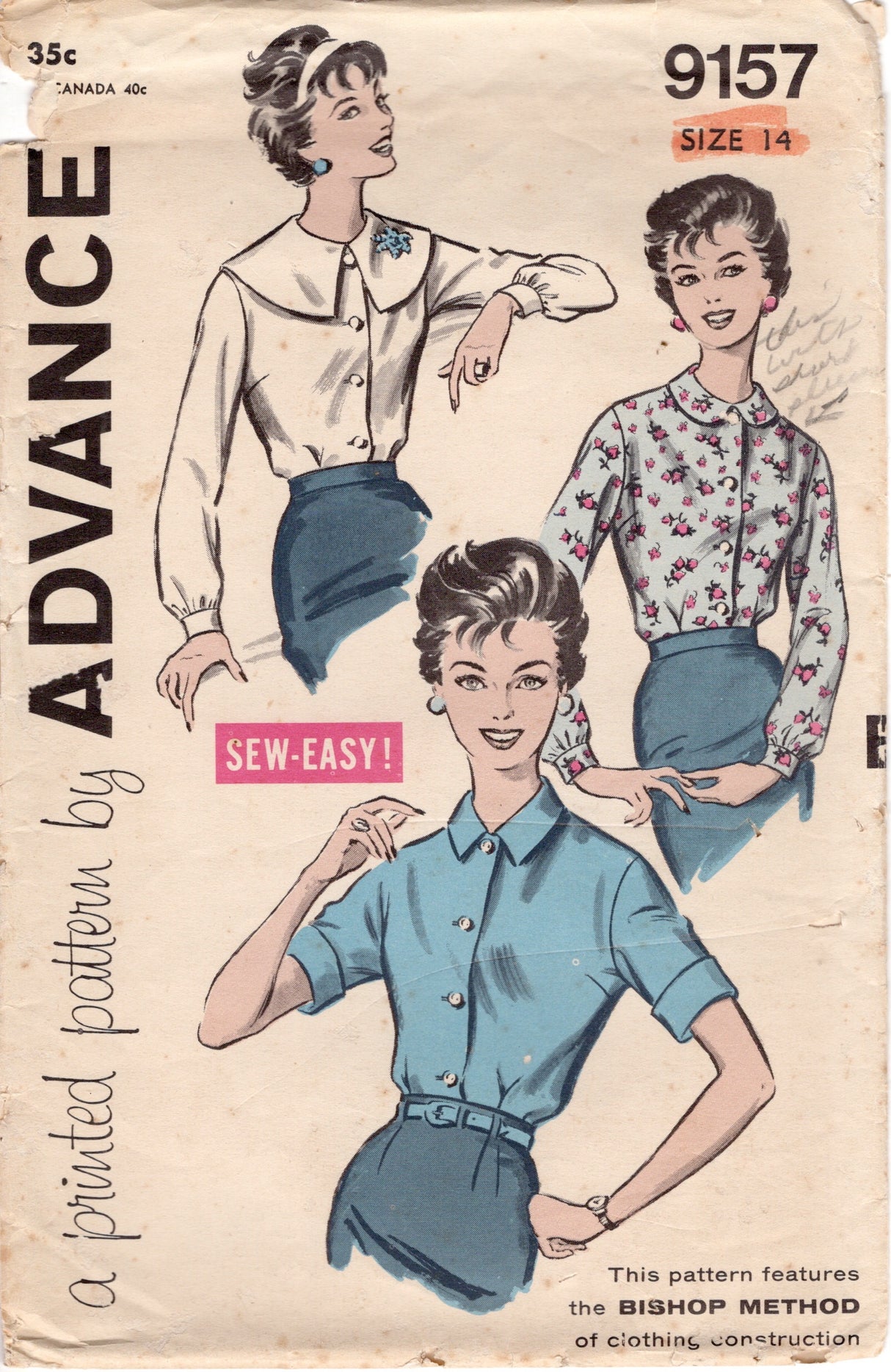 1950's Advance Button up Blouse Pattern - Bust 34" - No. 9157