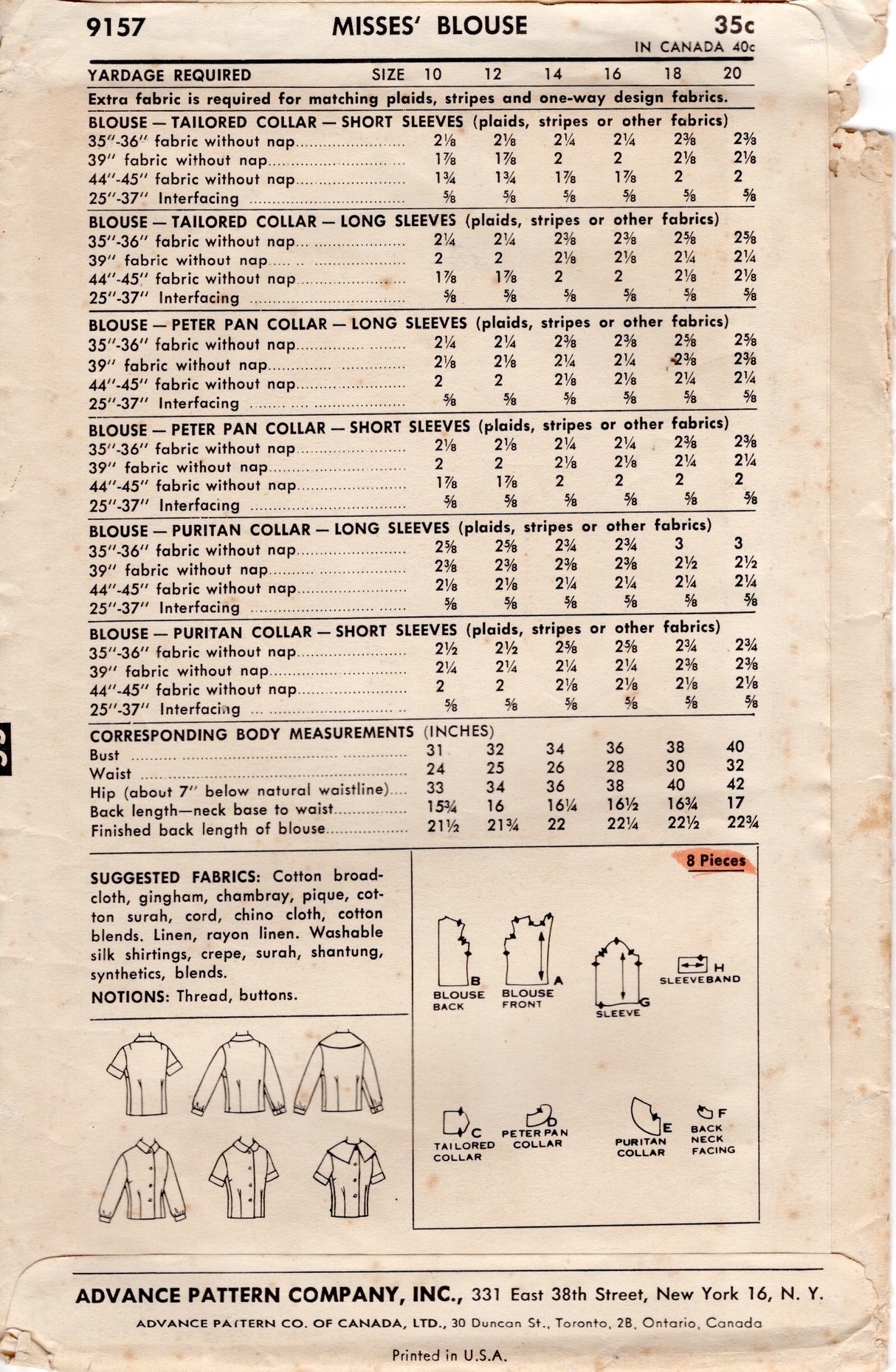 1950's Advance Button up Blouse Pattern - Bust 34" - No. 9157
