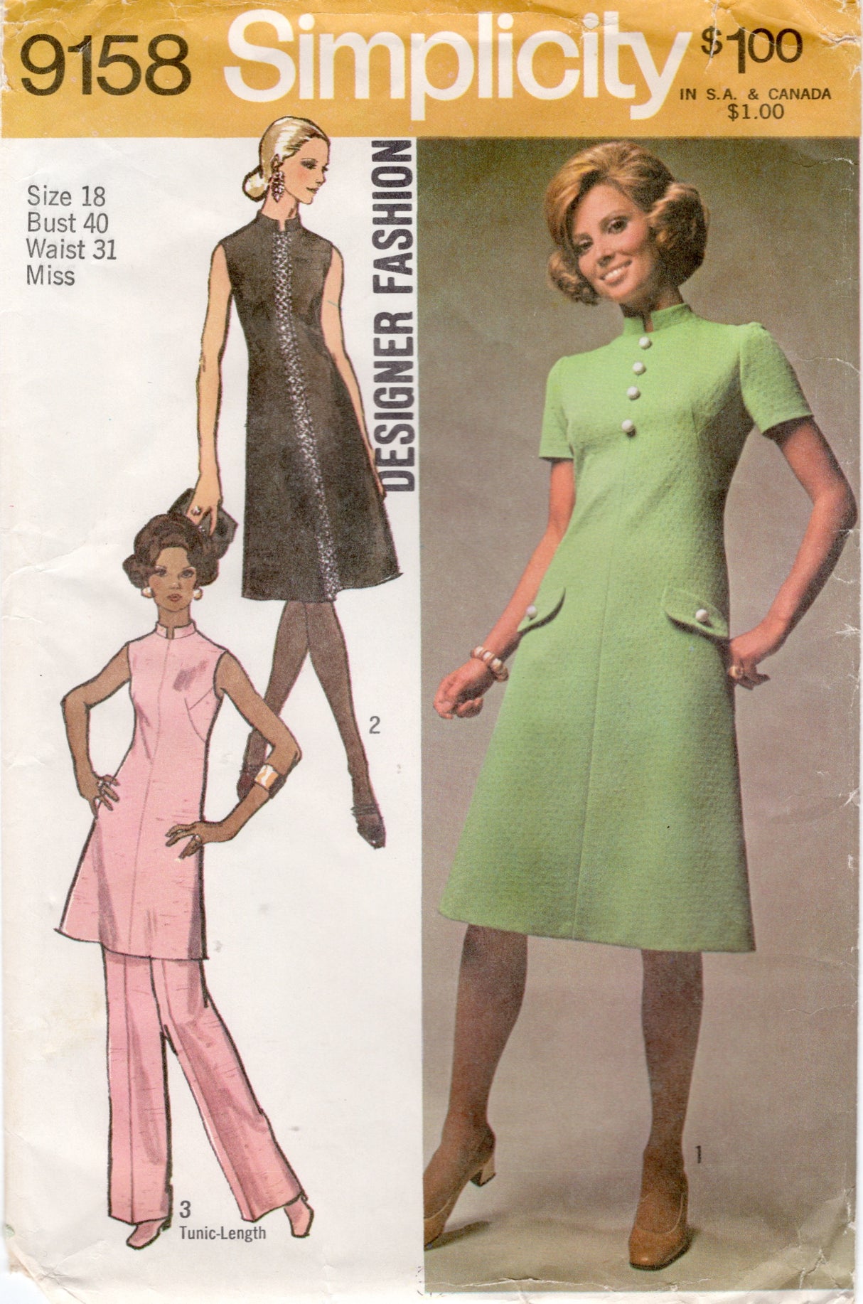 1970's Simplicity Dress or Tunic and  Pants pattern - Bust 40" - No. 9158