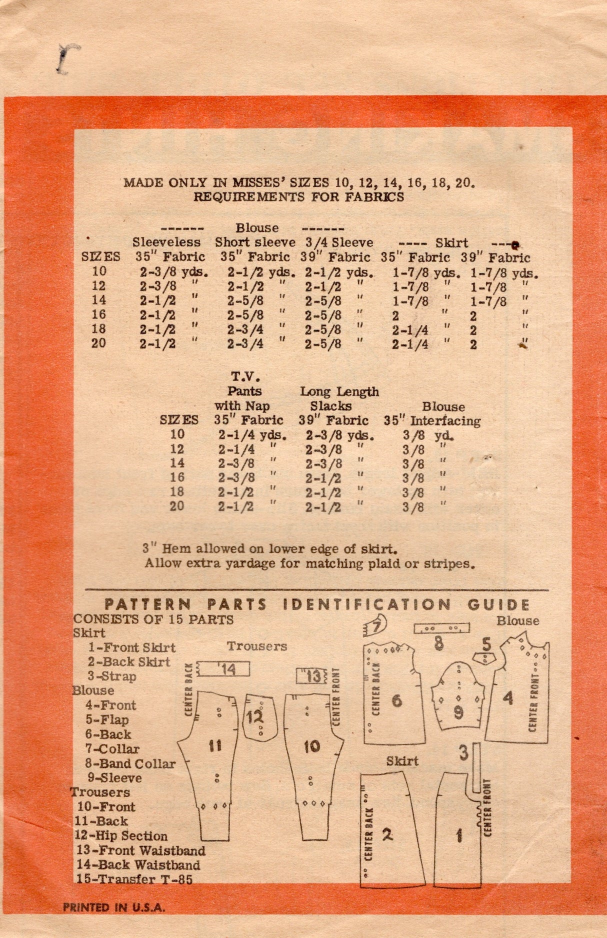 1950's Marian Martin Maternity Blouse Skirt and Trousers - Bust 30" - No. 9161