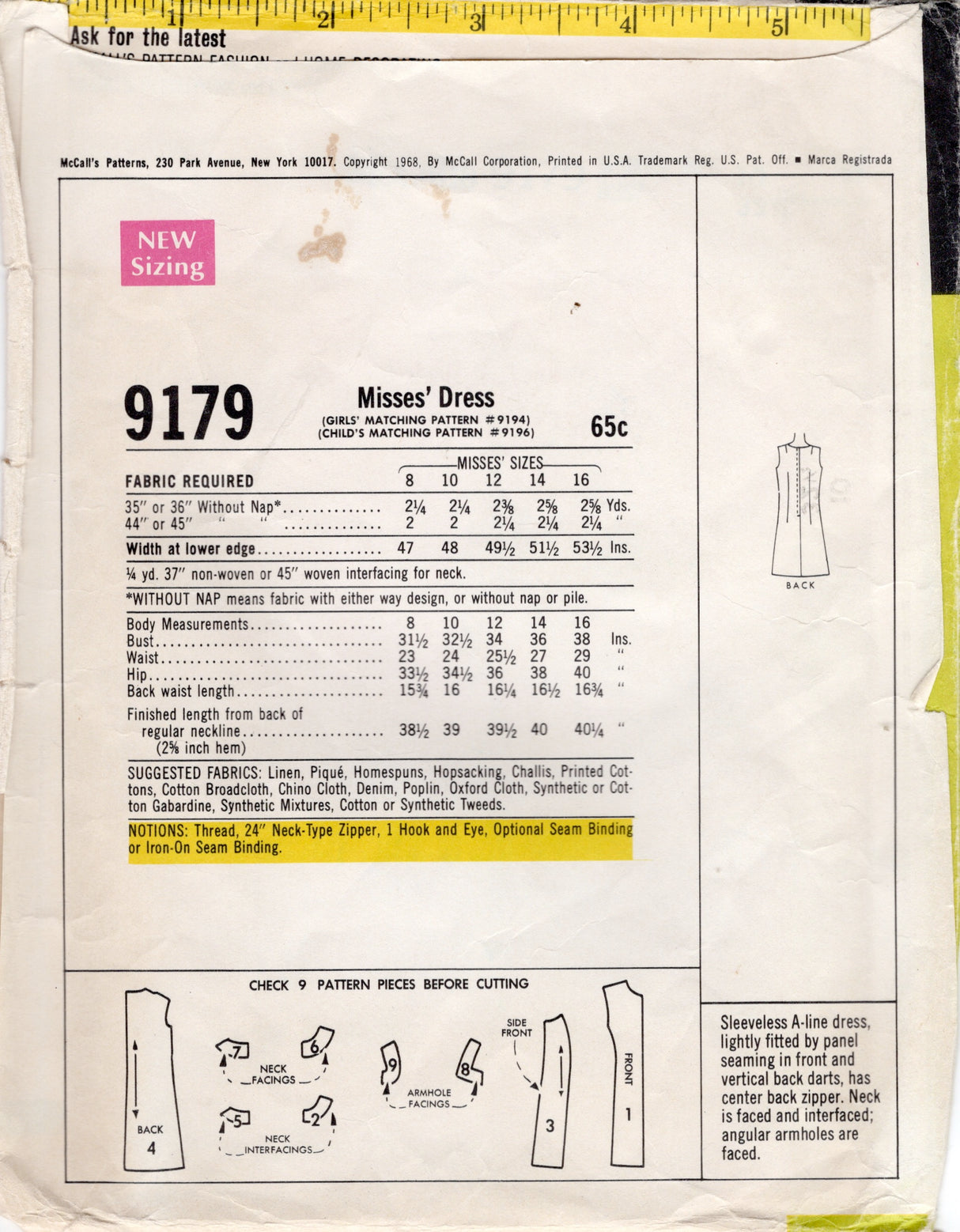 1960's McCall's Princess Seam Dress pattern - Bust 32.5" - No. 9179