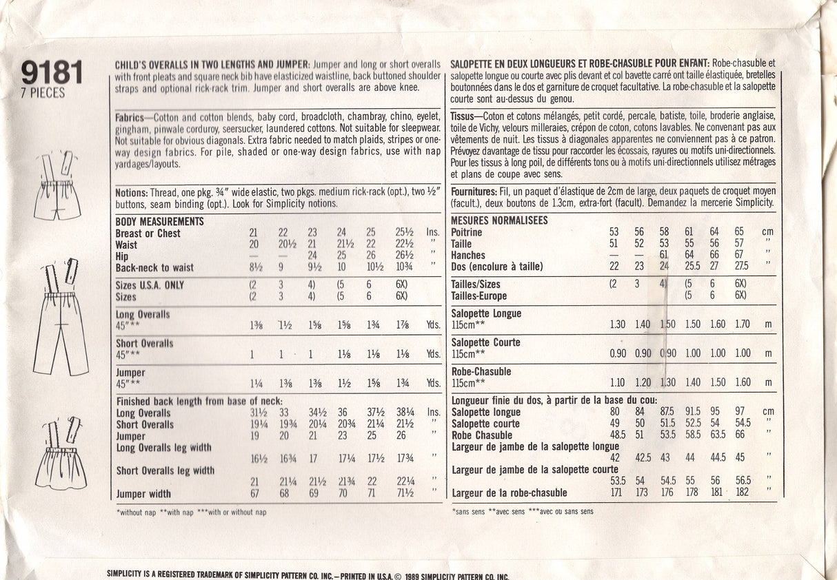 1980's Simplicity Child's Overalls or Pinafore Pattern - Size 2, 3, 4 - No. 9181