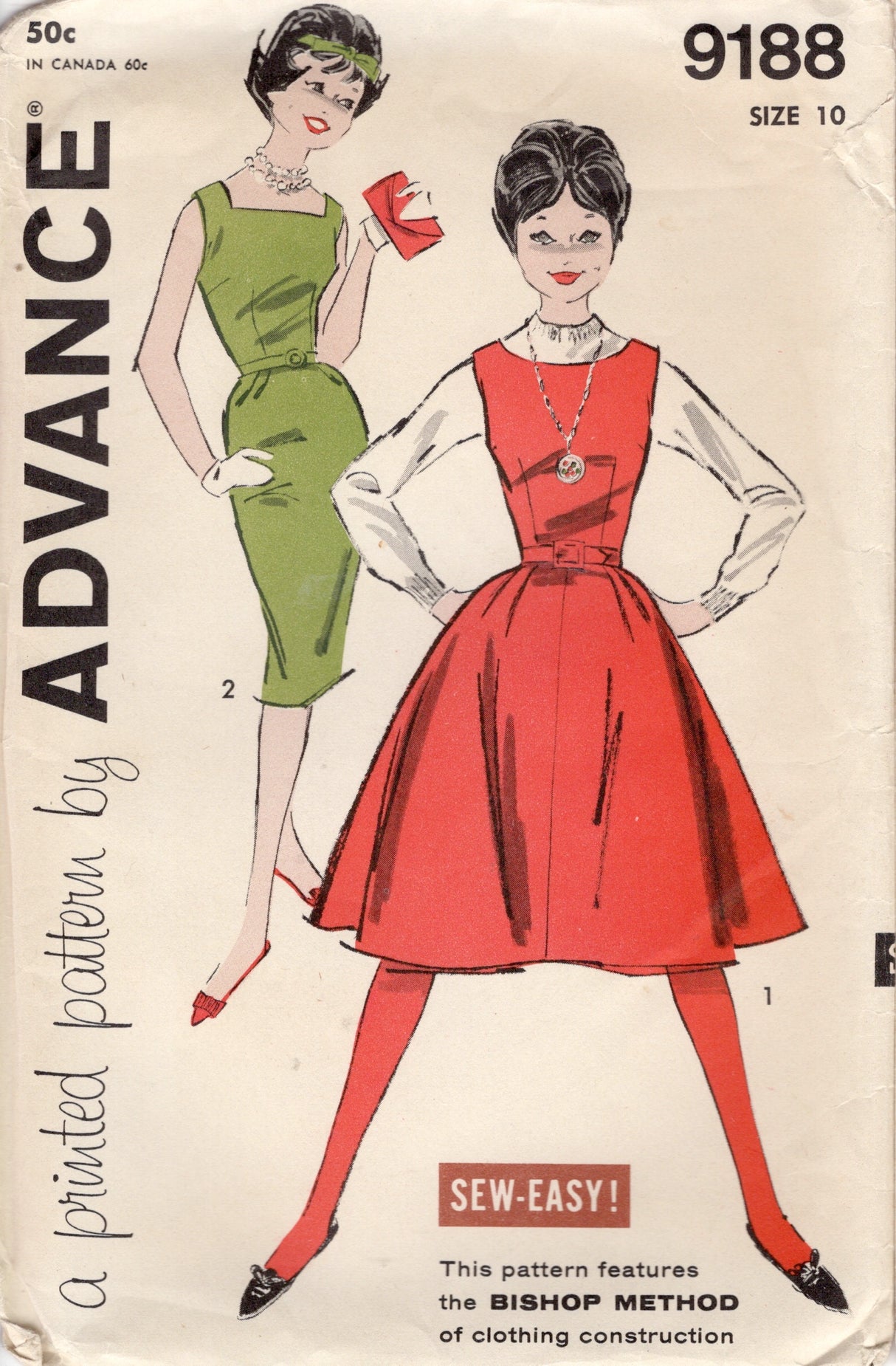 1950's Advance Jumper Sheath or Fit and Flare Dress Pattern  - Bust 30" - No. 9188