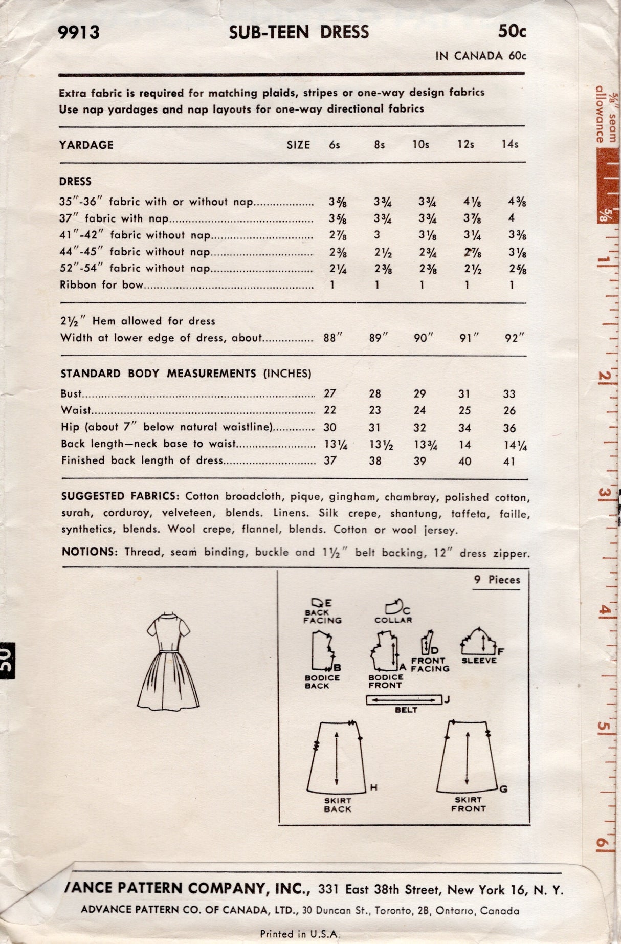 1960's Advance Slit Neckline Fit and Flare Dress Pattern - Bust 31" - No. 9913