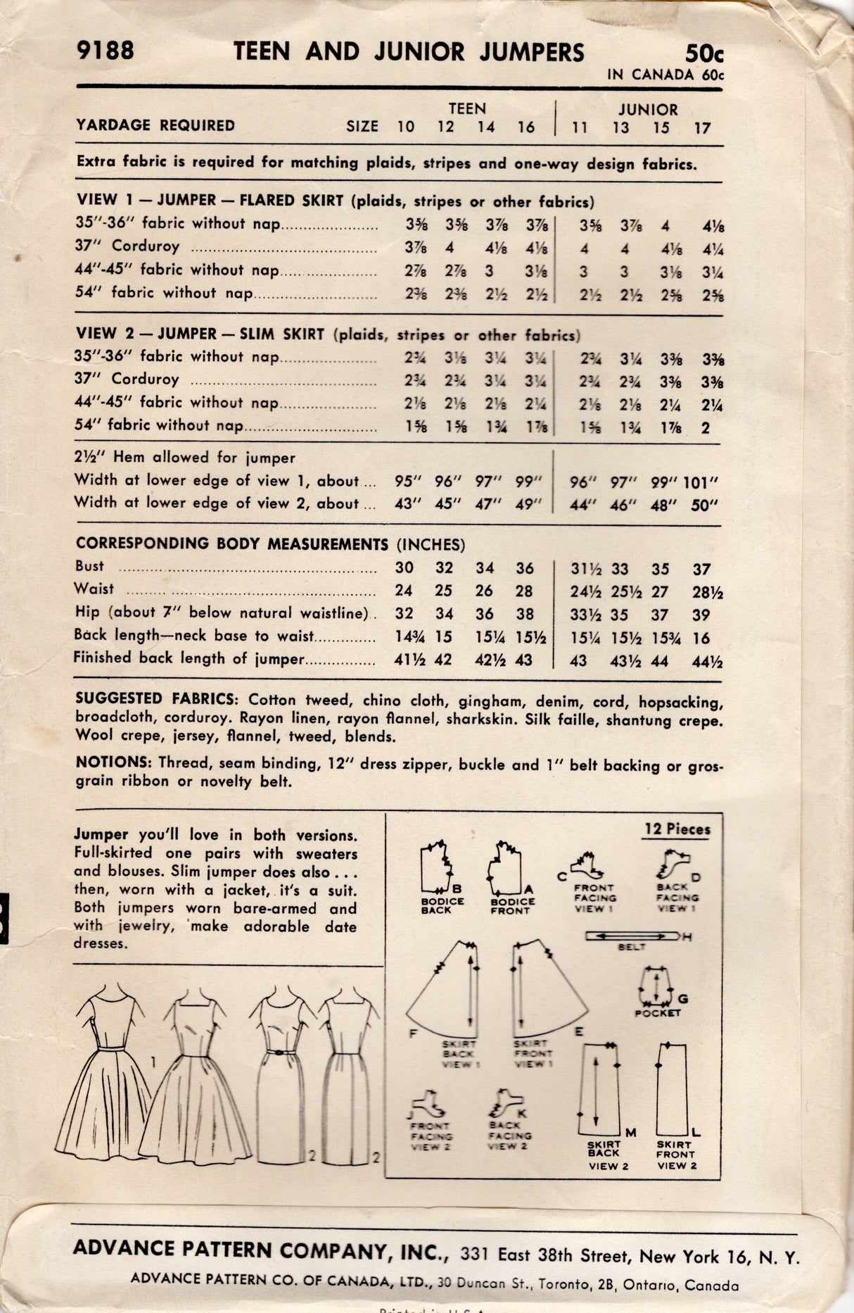 1950's Advance Jumper Sheath or Fit and Flare Dress Pattern  - Bust 30" - No. 9188