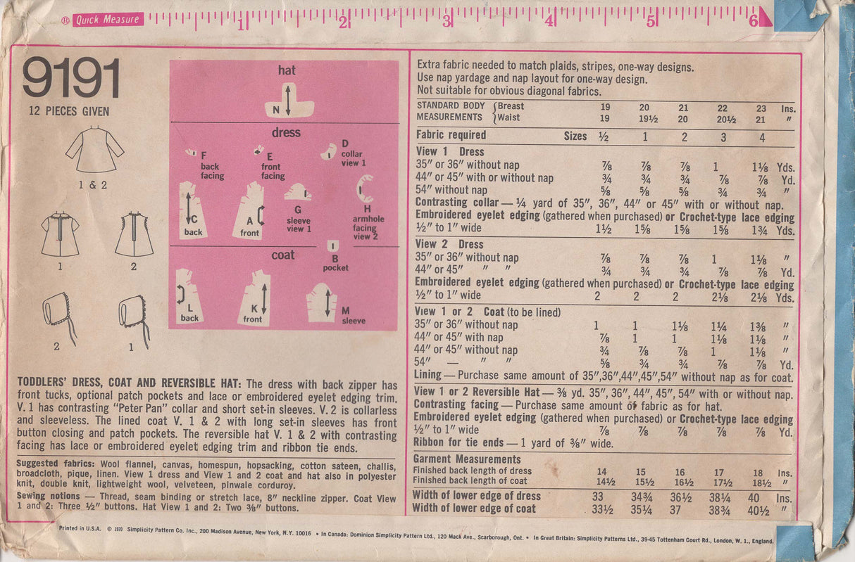1970's Simplicity Child’s Dress, Coat and Hat Pattern - Chest 22"- No. 9191