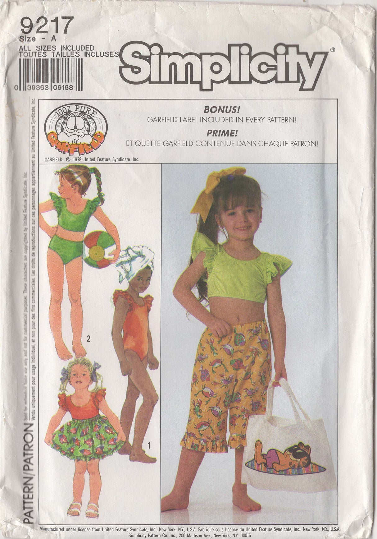 1980's Simplicity Garfield Swimsuits, Skirt, Cropped Pants and Tote Bag including Transfer - Chest 22-25" - No. 9217