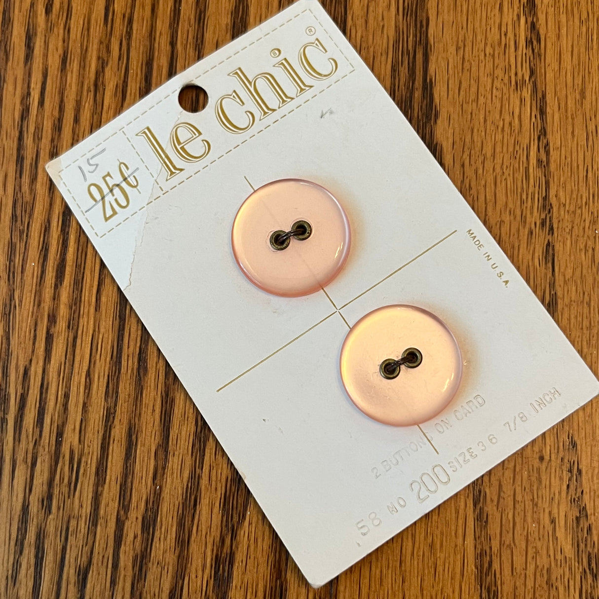 1970’s Le Chic Pink Plastic Buttons - Set of 2 - 7/8" - on card