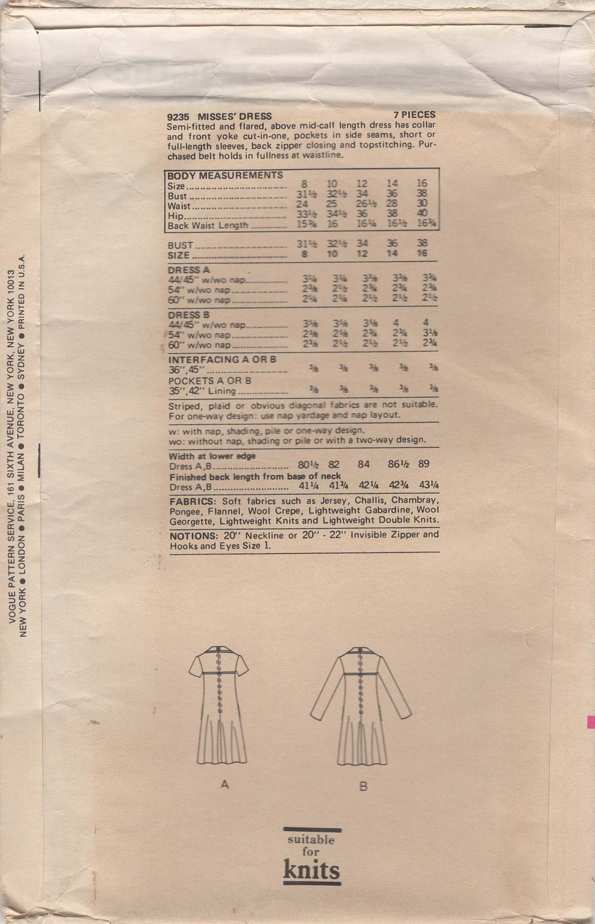 1970’s Vogue Detailed Bodice Dress Pattern - Bust 36" - No. 9235