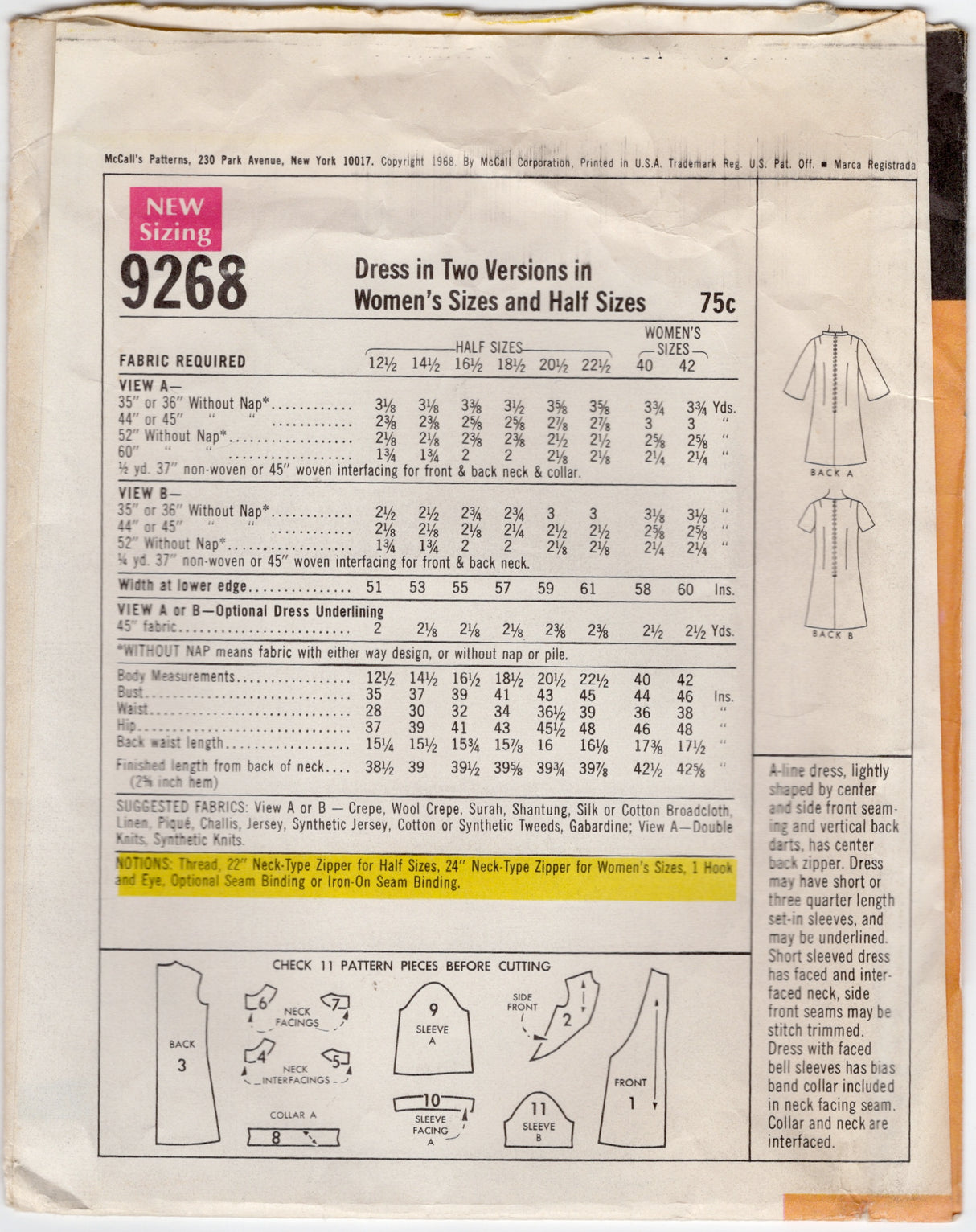 1960's McCall's Accent Panel Dress Pattern with optional standing collar - Bust 41" - No. 9268
