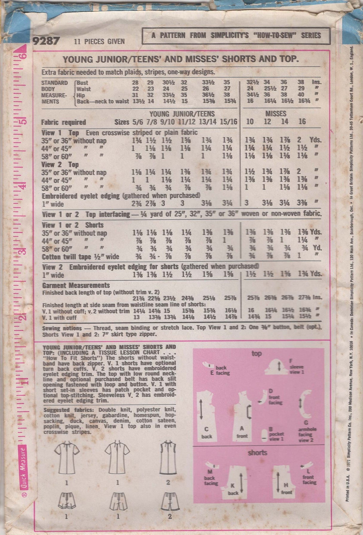 1970's Simplicity Shorts and Top Pattern – Bust 34” - No. 9287