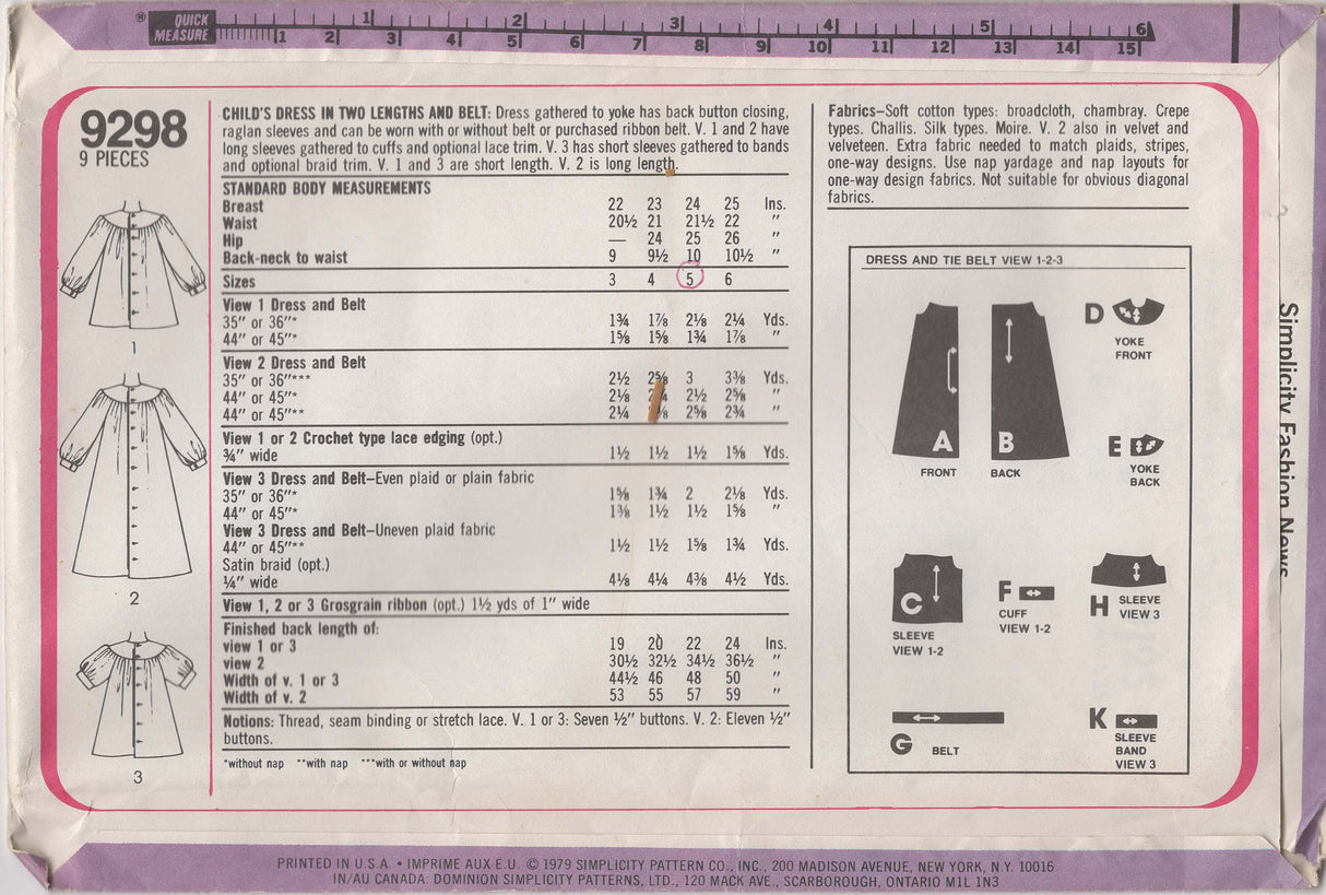 1970's Simplicity Child’s Button Up Dress Pattern– Chest 24"- No. 9298