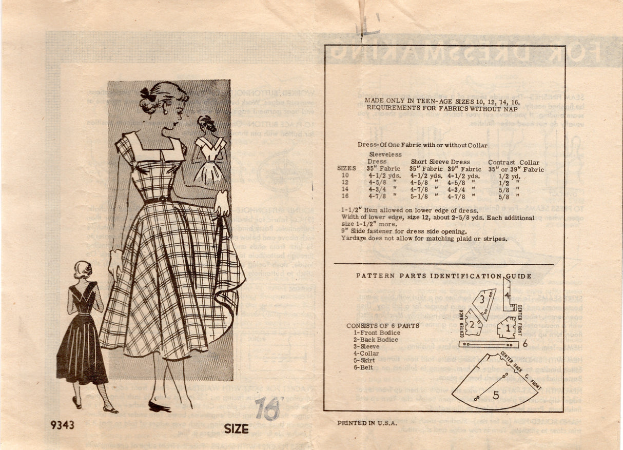 1950's Marian Martin Square Neckline Day Dress Pattern - Bust 34" - No. 9343