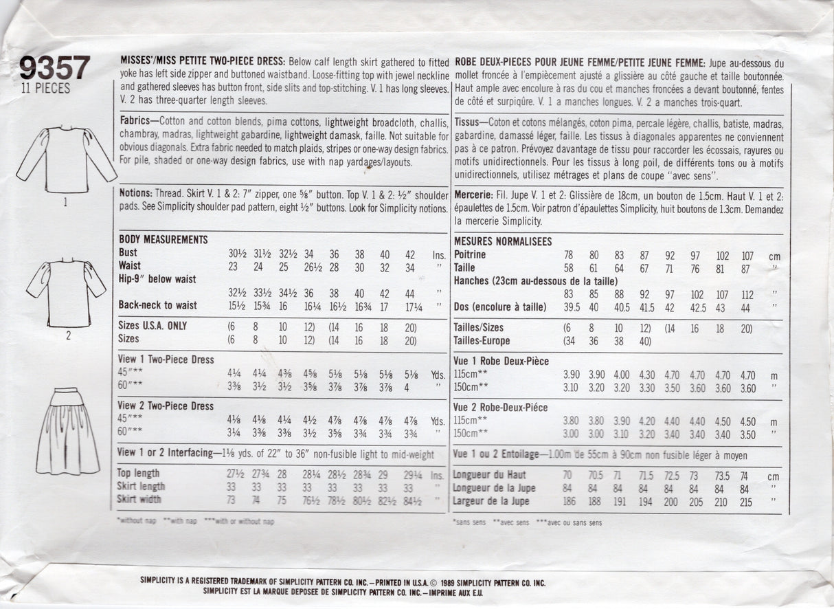 1980's Simplicity Two Piece Dress with Yoked Skirt - Bust 30.5-34" - No. 9357