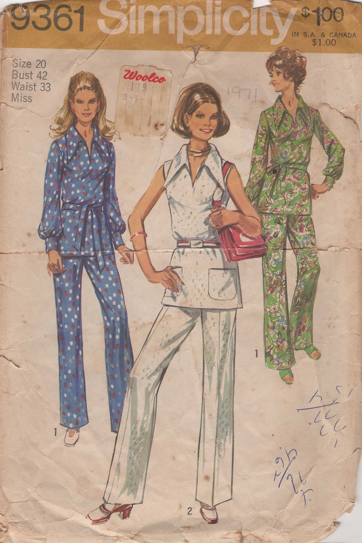 1970's Simplicity Overblouse and Pants Pattern - Bust 42" - No. 9361