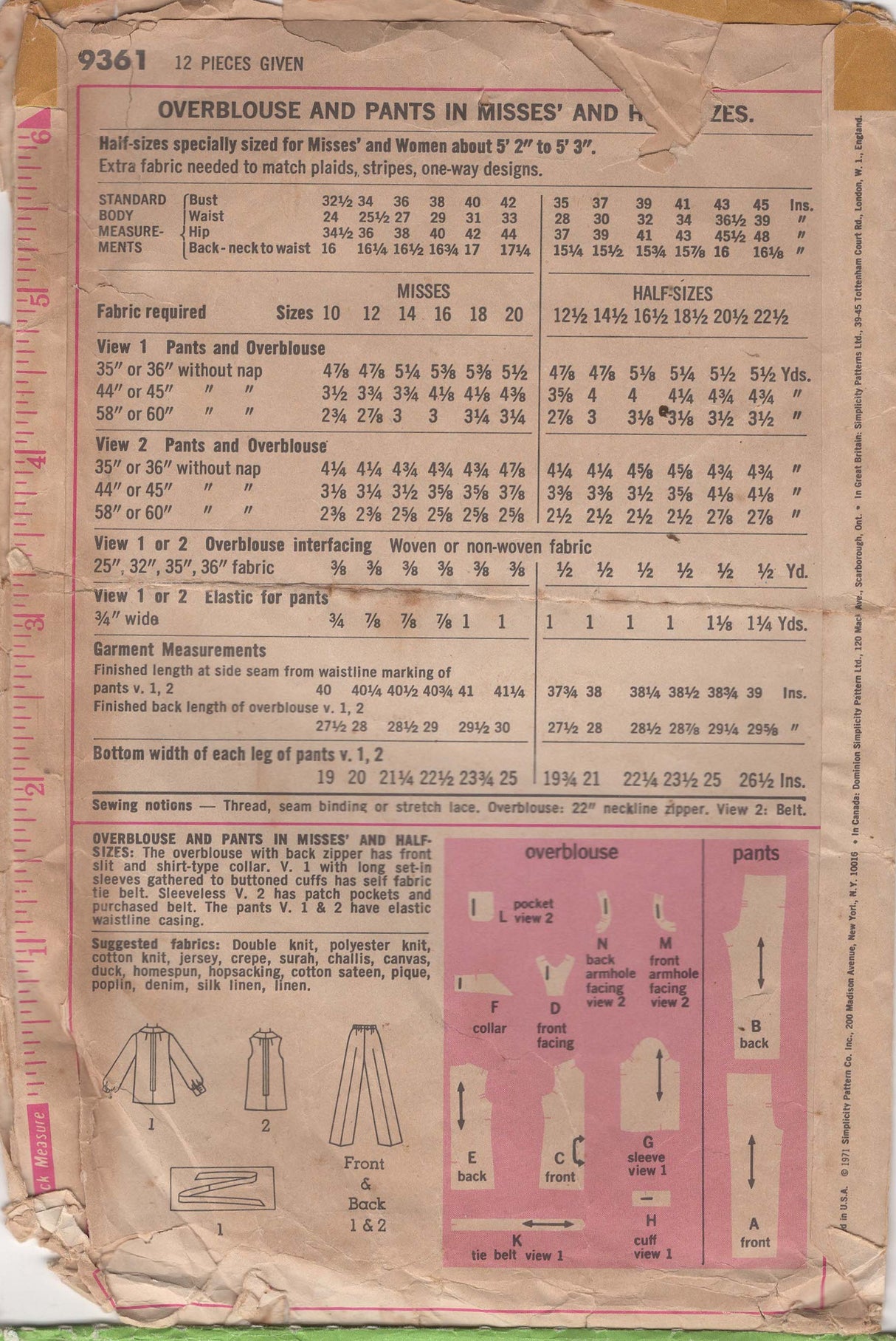 1970's Simplicity Overblouse and Pants Pattern - Bust 42" - No. 9361