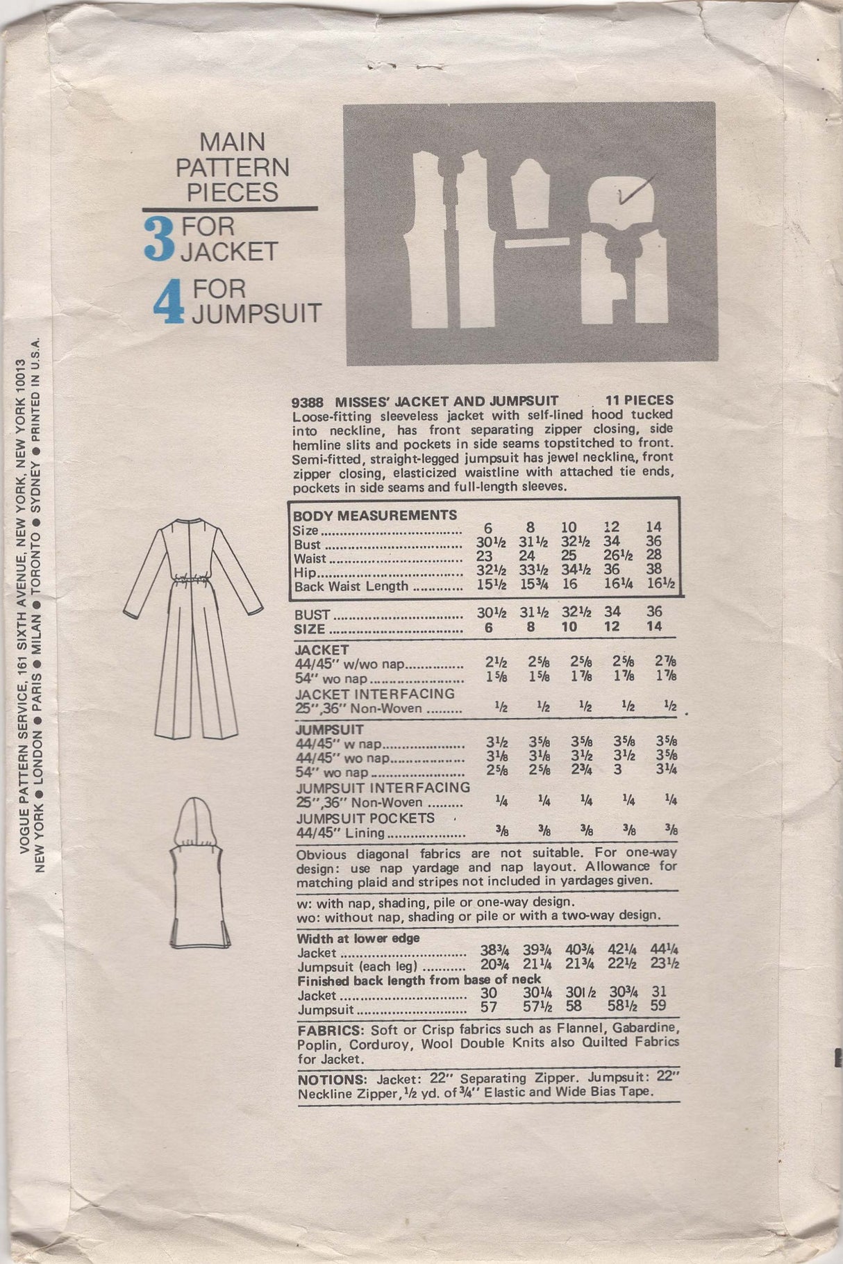 1970's Vogue Hooded Jacket and Jumpsuit Pattern - Bust 36" - No. 9388