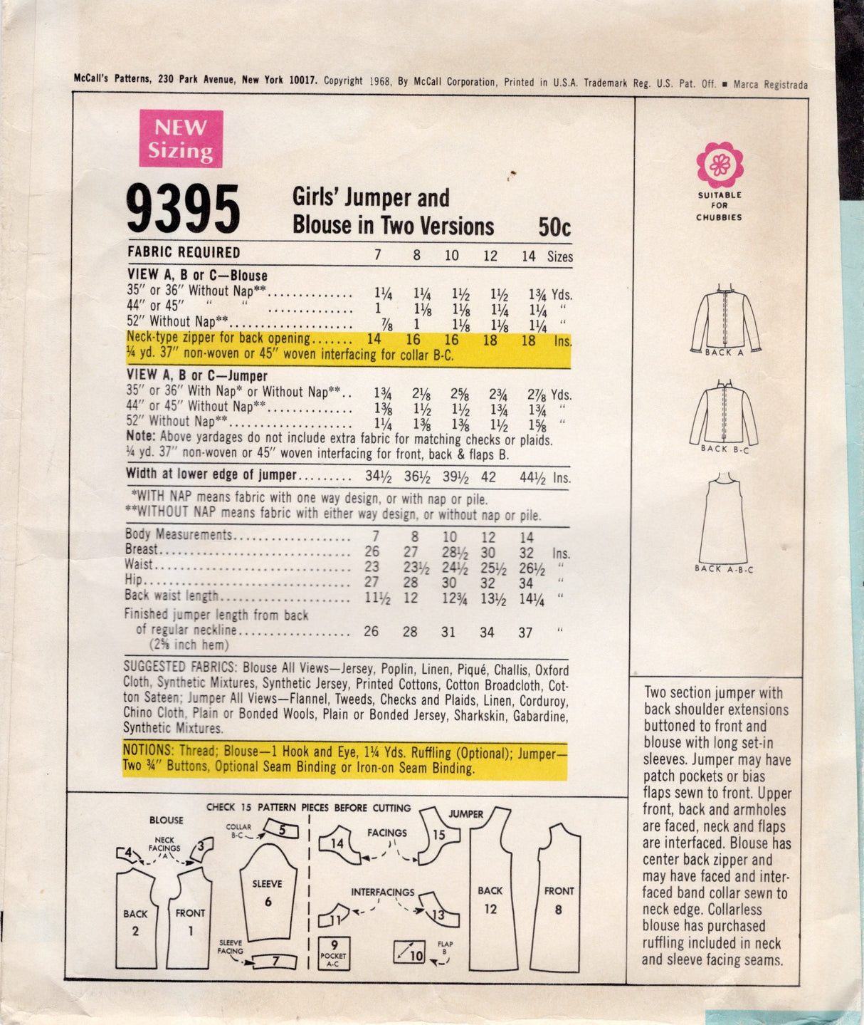 1960's McCall’s Child’s Jumper Dress and Blouse Pattern - Chest 28" - No. 9395