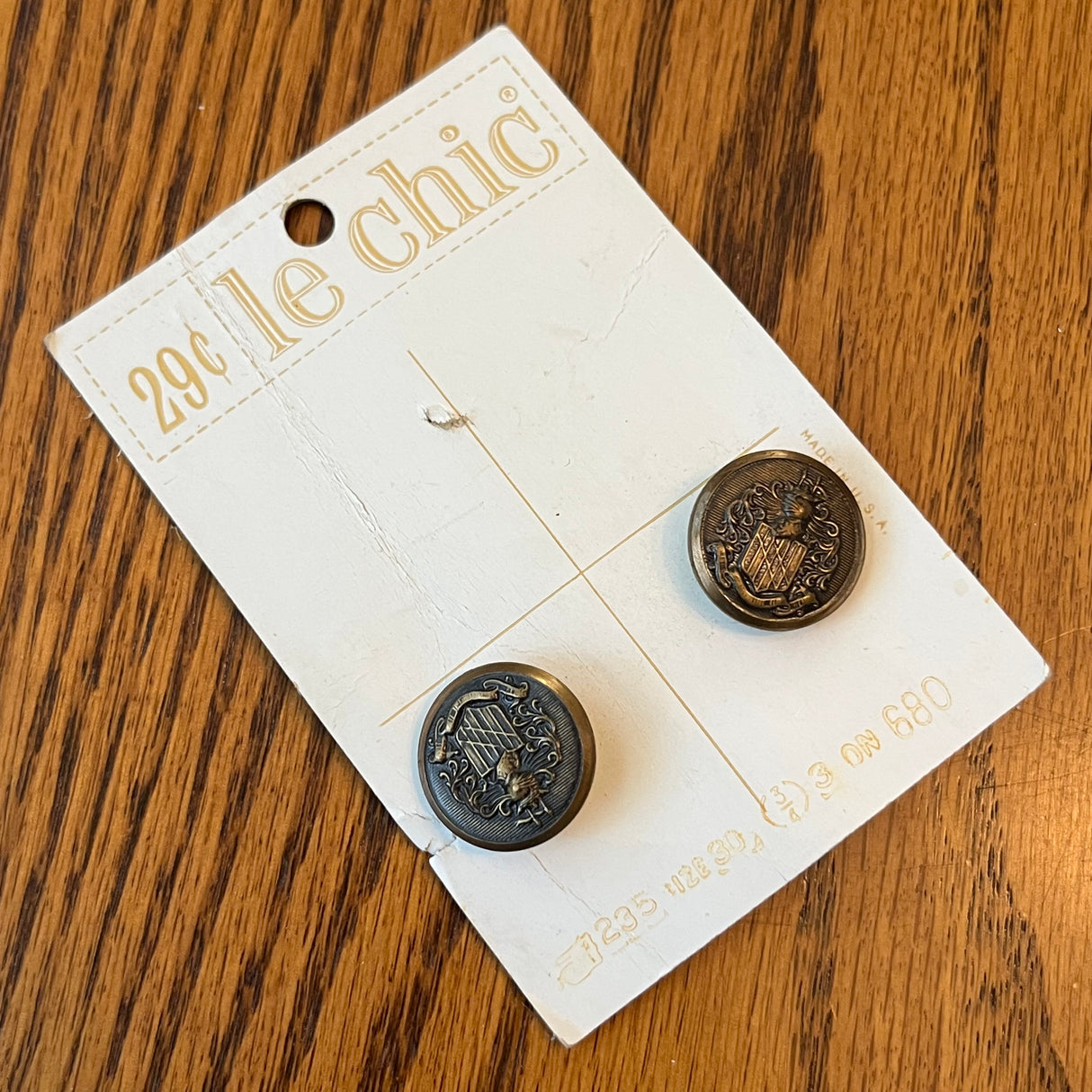 1970’s Le Chic Bronze color Metal Shank Buttons - Set of 2 - 3/4" - on card