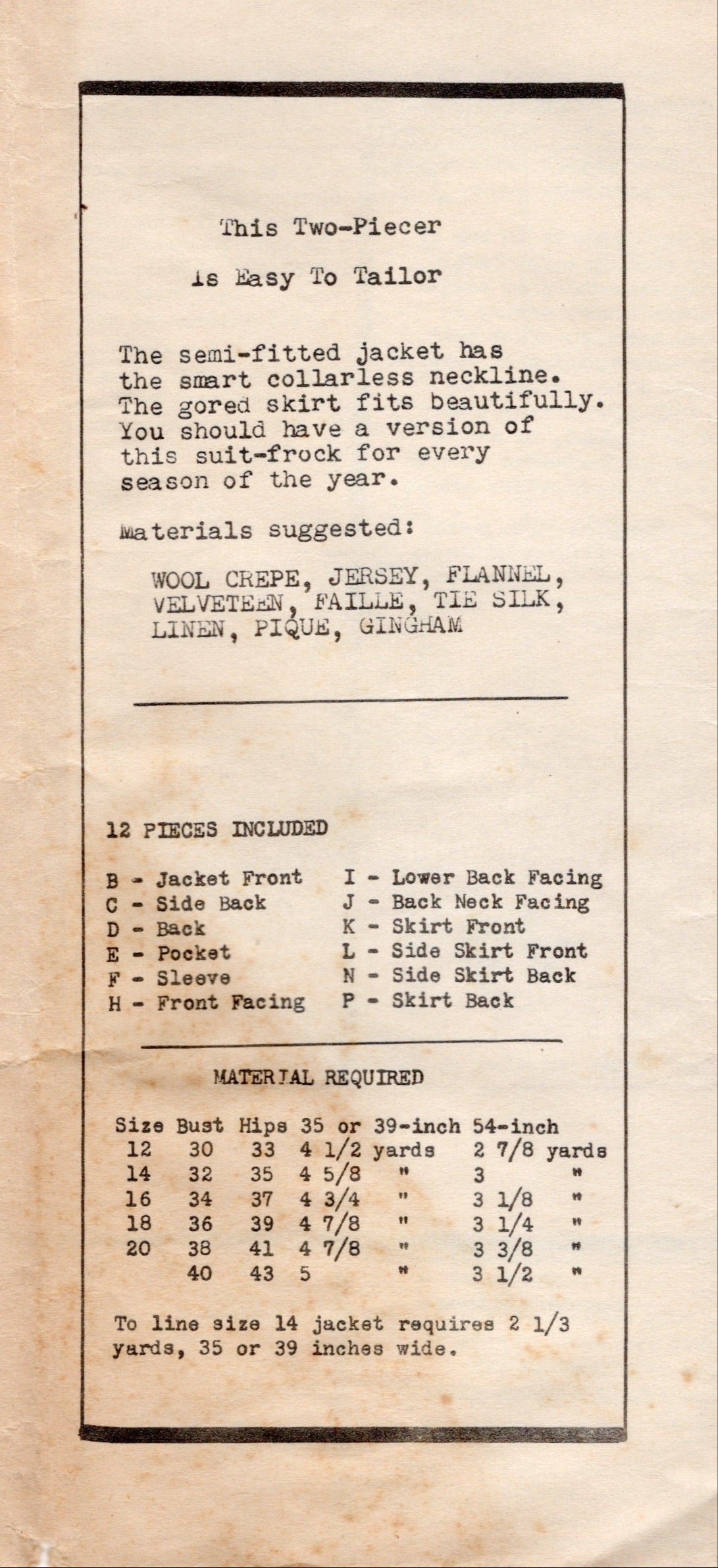 1940's Superior Two Piece Dress Pattern with eight gore skirt - Bust 34" - No. 941