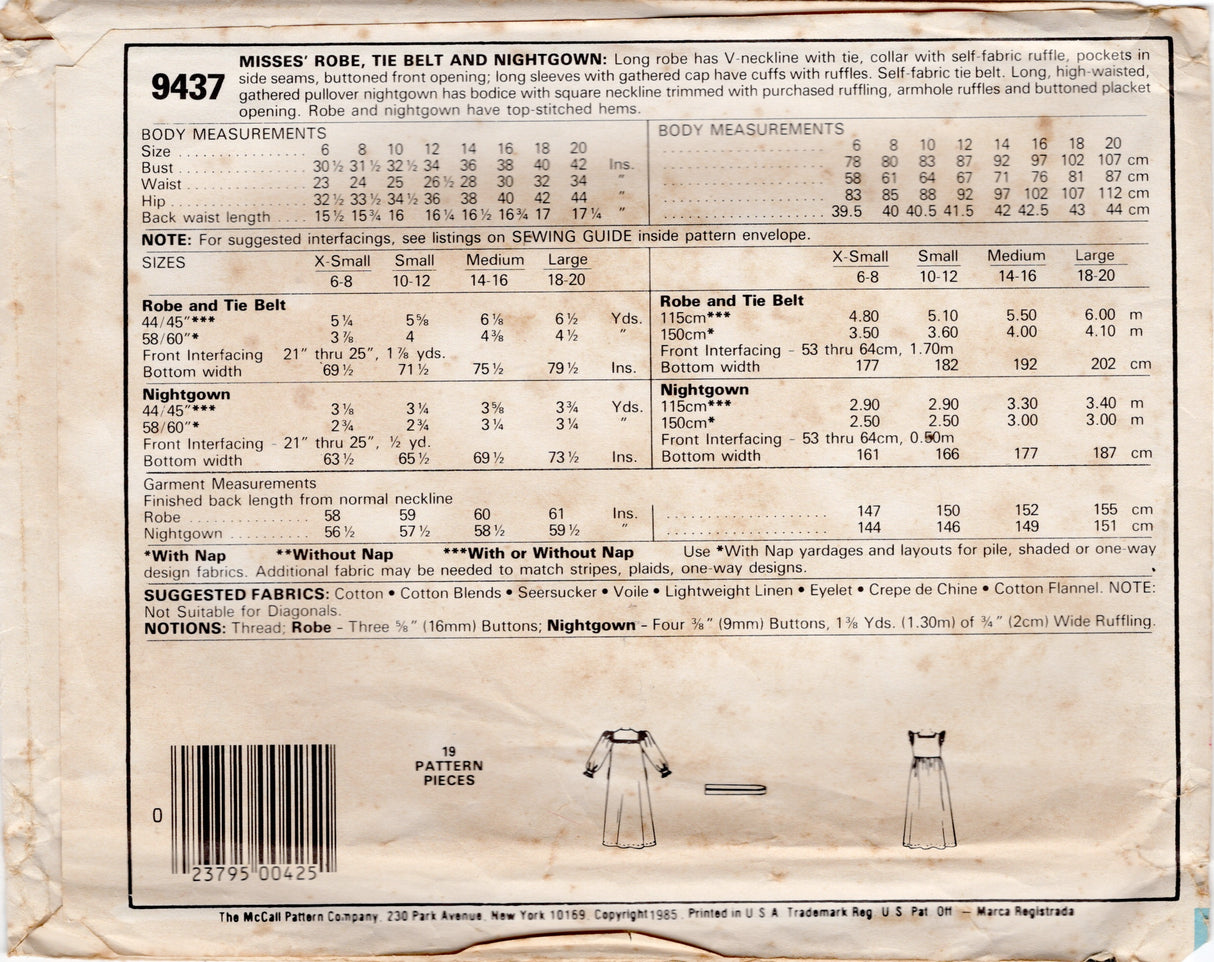 1980's McCall's with Laura Ashley Nightgown and Robe pattern - Bust 32.5-34" - No. 9437